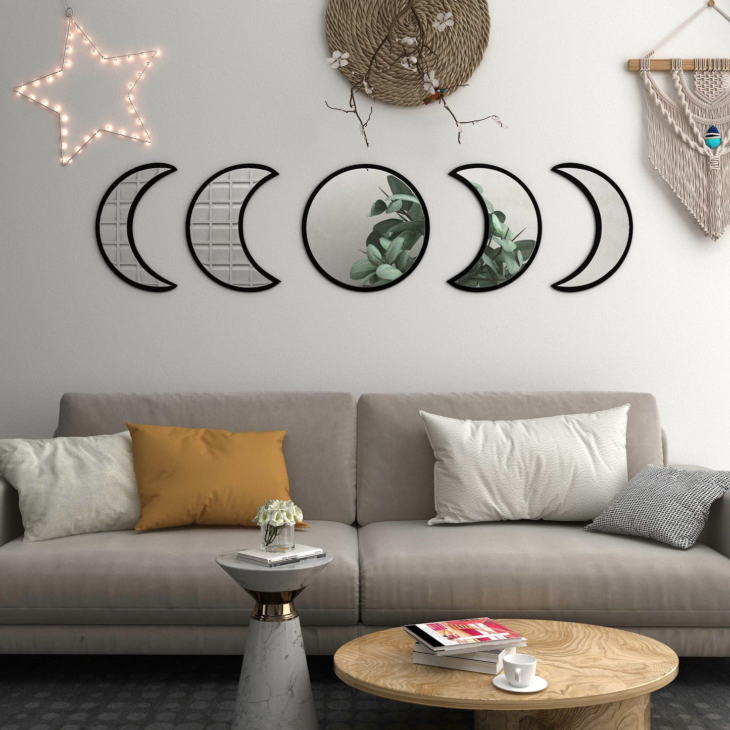 HMANGE 5-Piece Black Acrylic Moon Phase Wall Mirror Set - Shatterproof Safety Design, Easy Stick-On Installation, Boho Celestial Decor for Bedroom Living Room