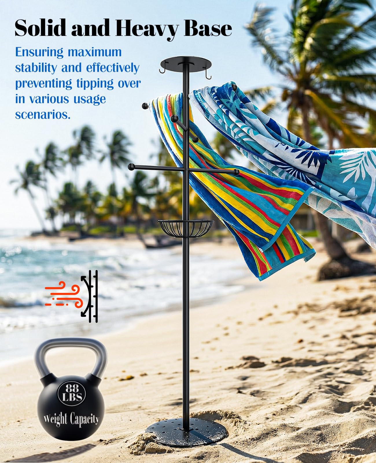 Luxspire Pool Towel Rack Outdoor, 6 Bars Outdoor Pool Towel Holder, 63 inch Heavy Duty Pool Accessories Outdoor Towel Rack with Tray and Hooks Storage for Beach, Hot Tub, Bathroom, Backyard, Black
