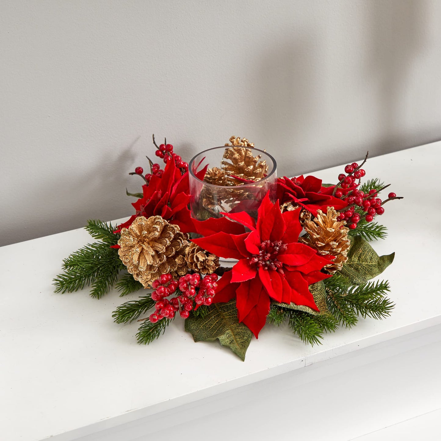 Nearly Natural Poinsettia, Berry and Golden Pine Cone Candelabrum Artificial Silk Arrangements Red 6"D x 14"W x 14"H