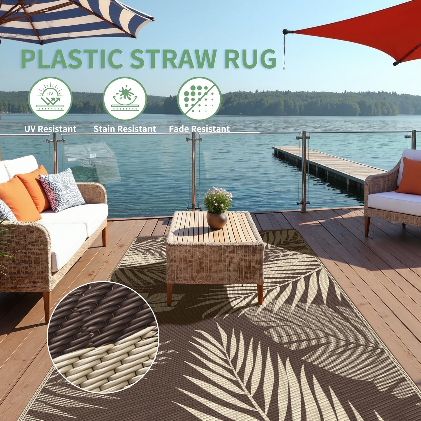 sarben Outdoor Rug 9' x 12' Waterproof for Patios Clearance, Reversible Plastic Straw Indoor Outdoor Rug for RV, Picnic, Backyard, Deck, Balcony, Porch, Beach, Coffe and Beige