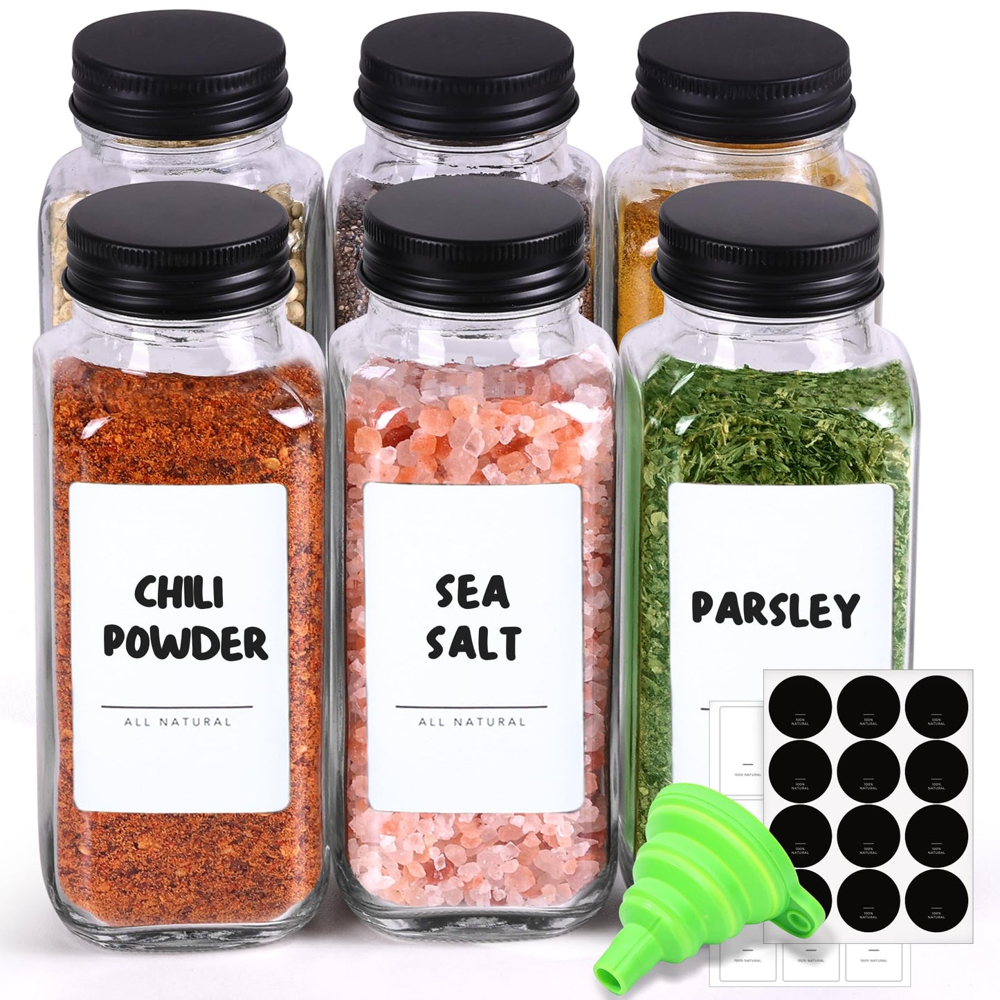 ComSaf Large Spice Jars, 6Pcs 8 oz glass spice bottle with lids, Empty Spice Containers and Square Spice Bottles, Trial Set & Supplement Set for Kitchen and Seasoning