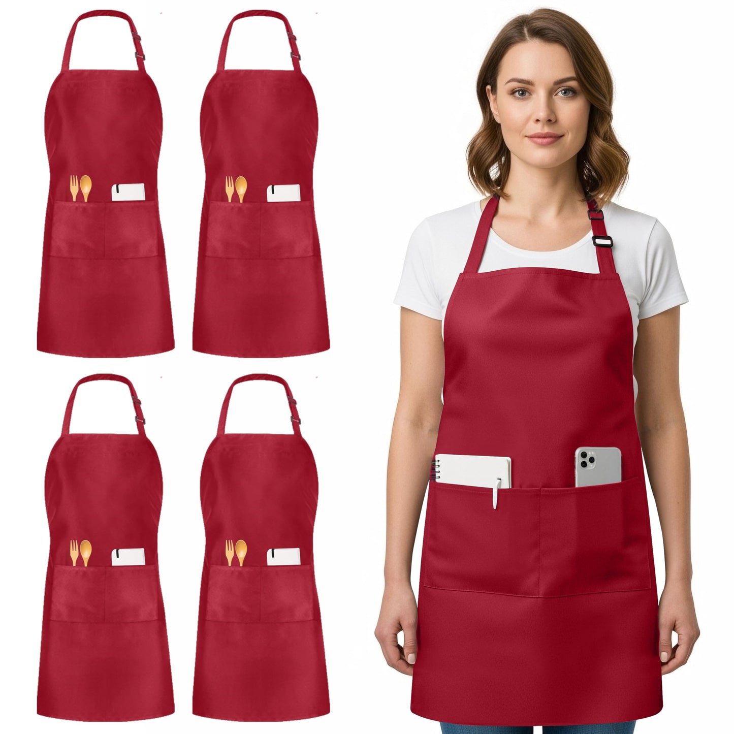 Utopia Kitchen 4 Pack Bib Apron Adjustable with 2 Pockets, Water and Oil Resistant, Cooking Kitchen Chef Apron for Women Men, Red
