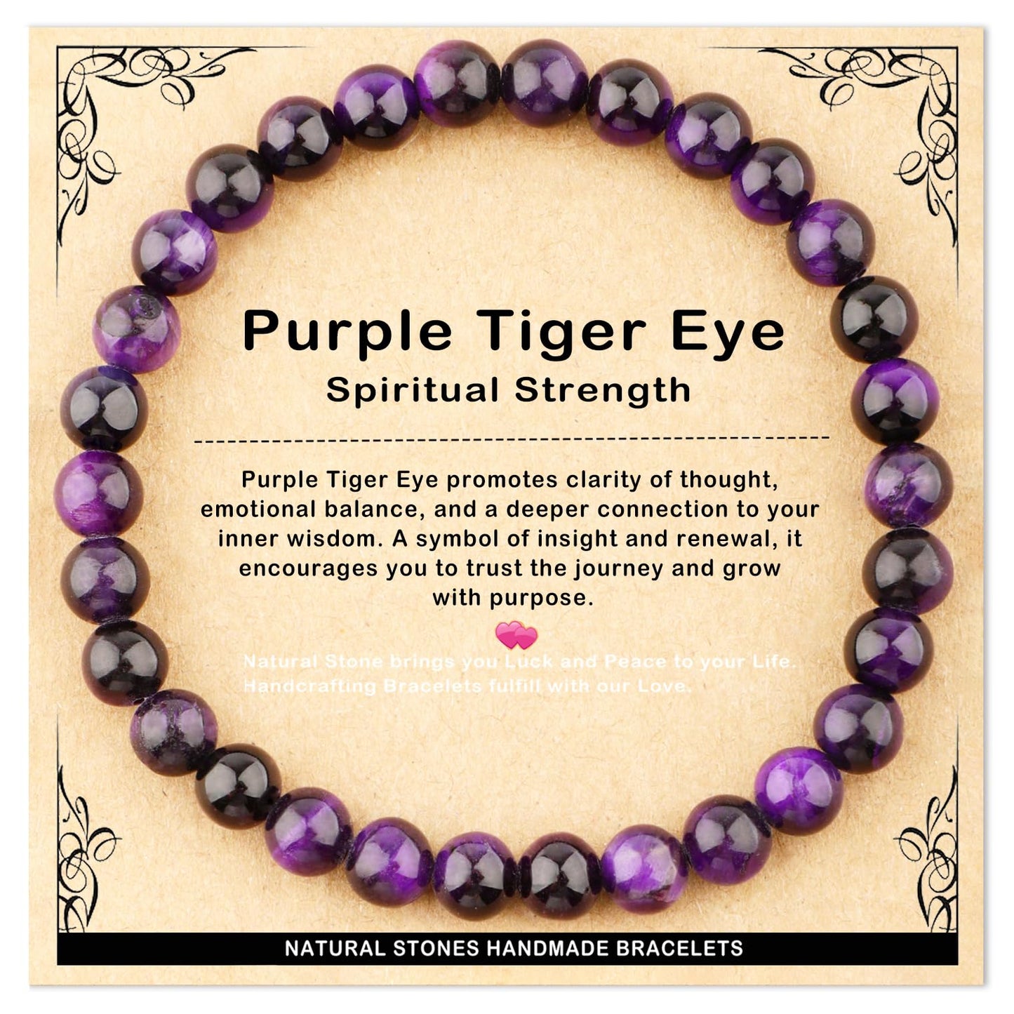 AD Beads 6mm Handmade Purple Tiger Eye Elastic Bracelet – Natural Gemstone for Peace and Tranquility – Meditation, Yoga, Healing and Energy Gift for Men Women
