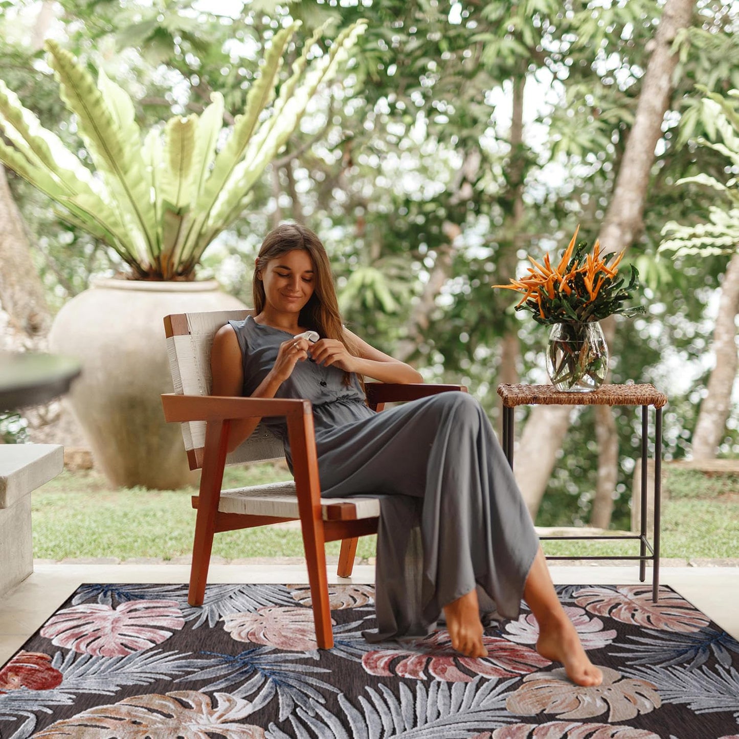 CAMILSON Indoor Outdoor Rug, Brown 6’x9’ Leaf Tropical Botanical Area Rugs for Indoor and Outdoor patios, Easy-Cleaning Non-Shedding Living Room, Garden and Kitchen Washable Outside Carpet (6x9)
