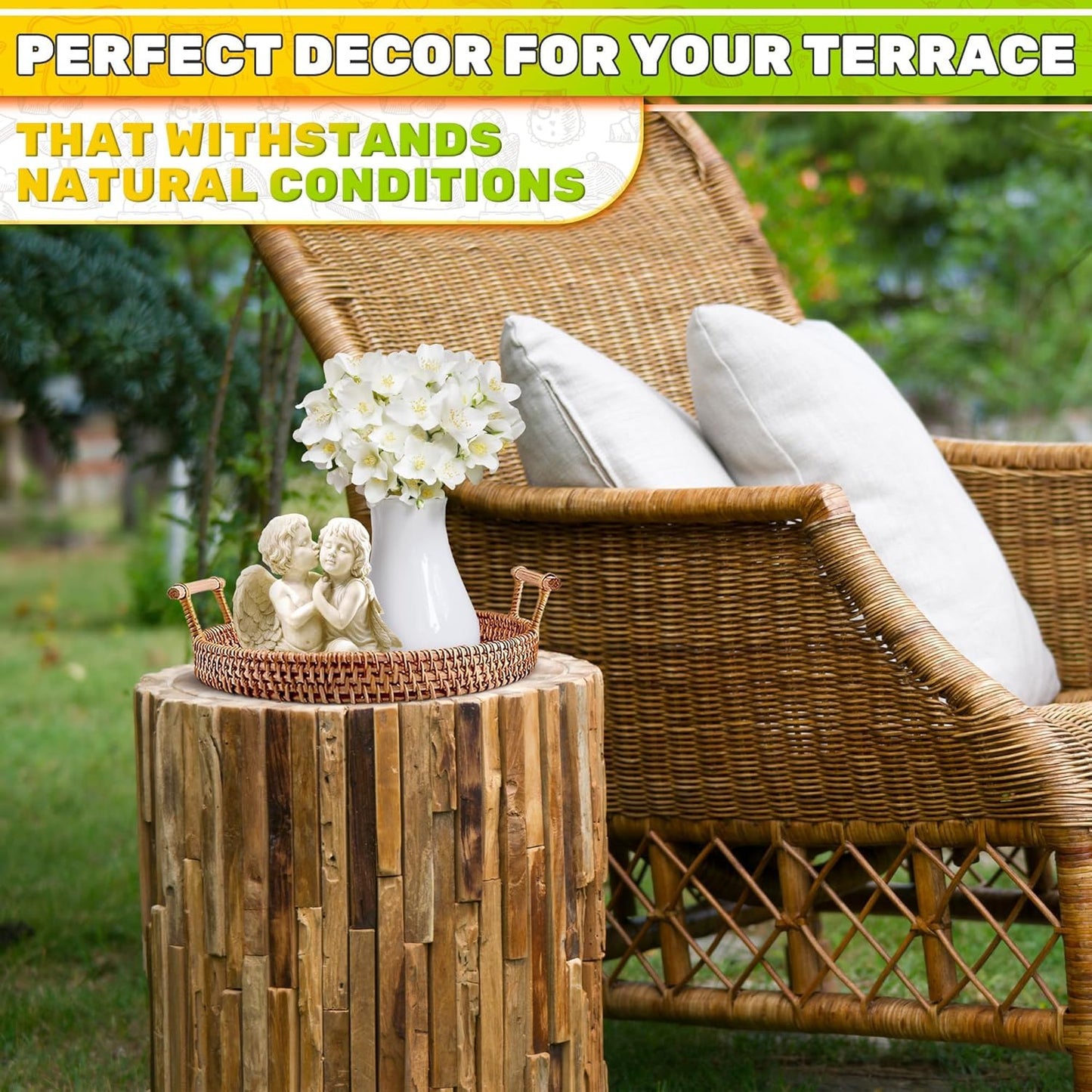Rattan Tray 8.7-Inch Round – Woven Serving Basket with Handles – Holidays Romantic Decorative Tray for Coffee Table, Bread, Fruit, Vegetables, Restaurant & Home Use Charming Styling Coffee Table Decor