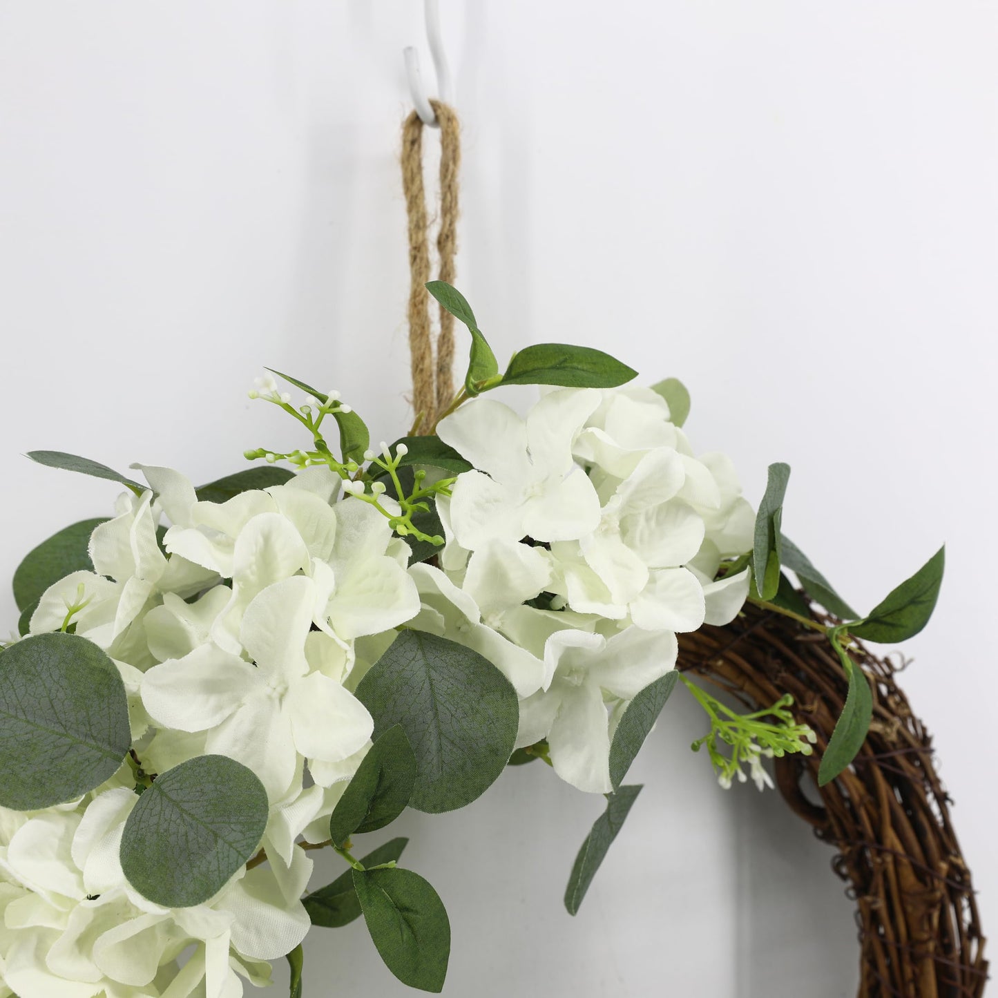 COLLECTIVE HOME - Artificial Wreath, 20" Artificial Wreath for Front Door, Spring Green Leaf for Window Wedding, Home Porch Patio Garden Decor (Grapevines Cream Hydrangeas)
