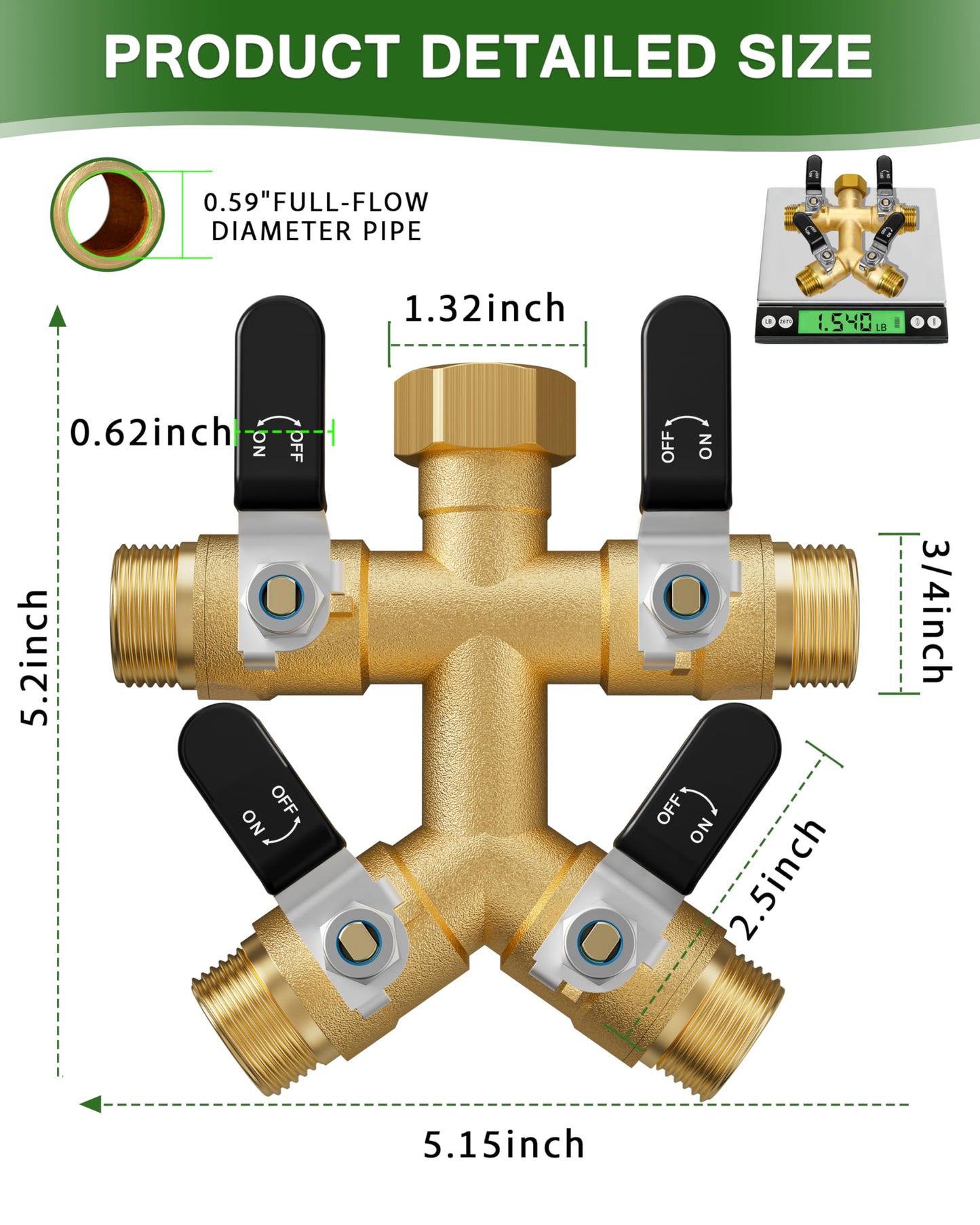4 Way Hose Splitter, Heavy Duty Brass Garden Hose Splitter, Water Hose Bib Spigot Splitter with 0.59" Full Flow Ball Valve Outlet & Shut-Off Valve 3/4'' Connector Outdoor Water Faucet Adapter