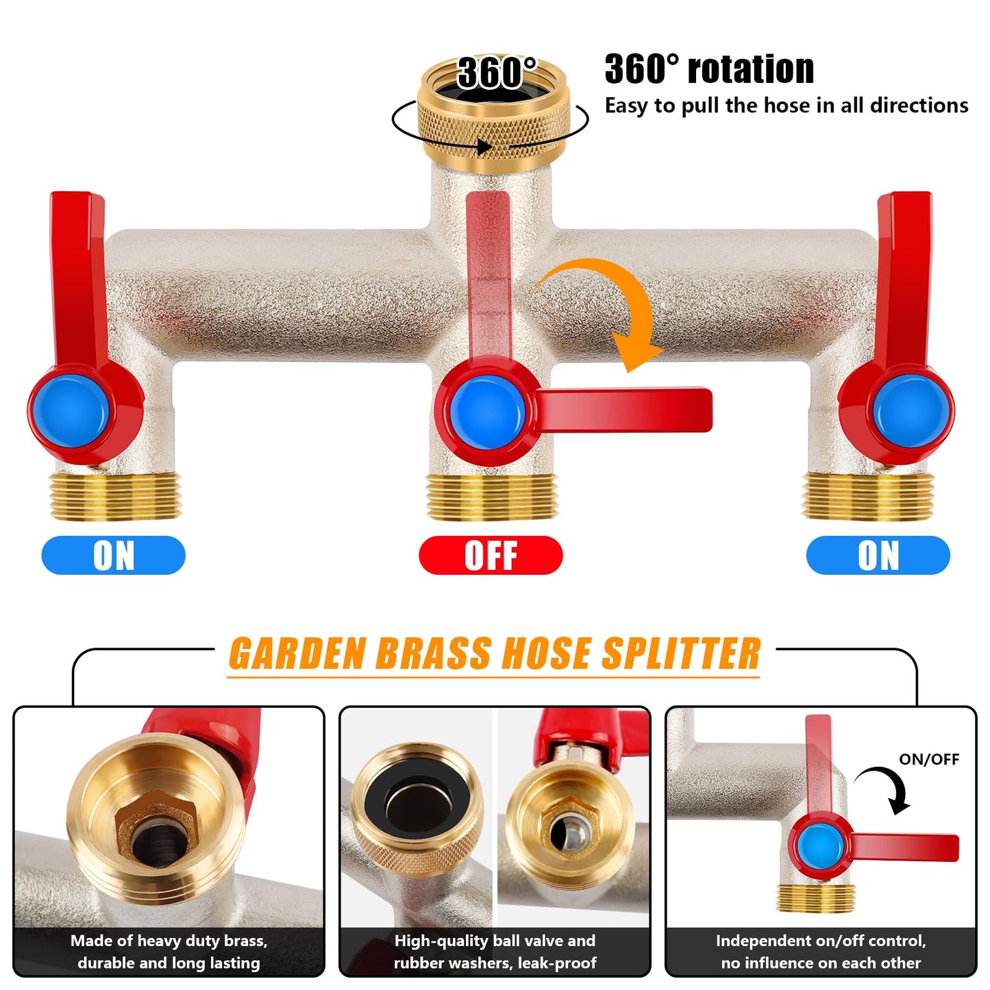 3 Way Brass Garden Hose Splitter, 3/4" Hose Splitter 3 Way Heavy Duty with Extension Handles, Outdoor Faucet Splitter Water Spigot Splitter with Individual On/Off Valve