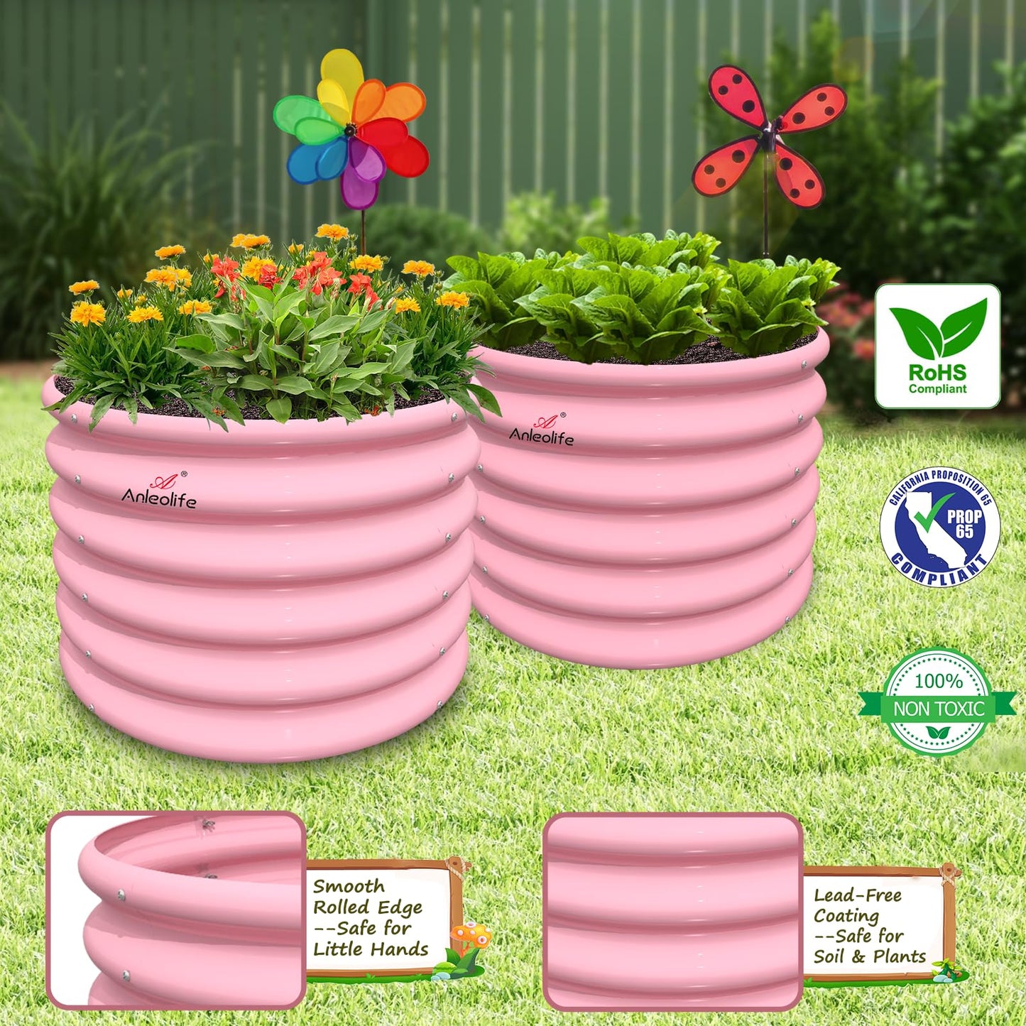A ANLEOLIFE 5-Pack 18in Tall Kids Mini Raised Garden Beds Outdoor, 40x24in Oval & 24x24in Round Galvanized Metal Planter Box for Planting Vegetables, Flowers, Fruits, Eco-Safe & Easy Setup