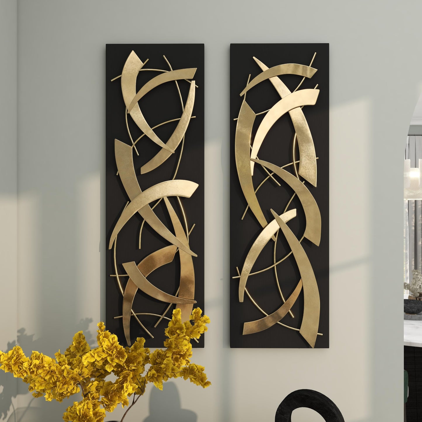 Deco 79 Metal Abstract Home Wall Decor Dimensional Wall Sculpture with Black Wood Backing, Set of 2 Wall Art 12"W, 36"H, Gold