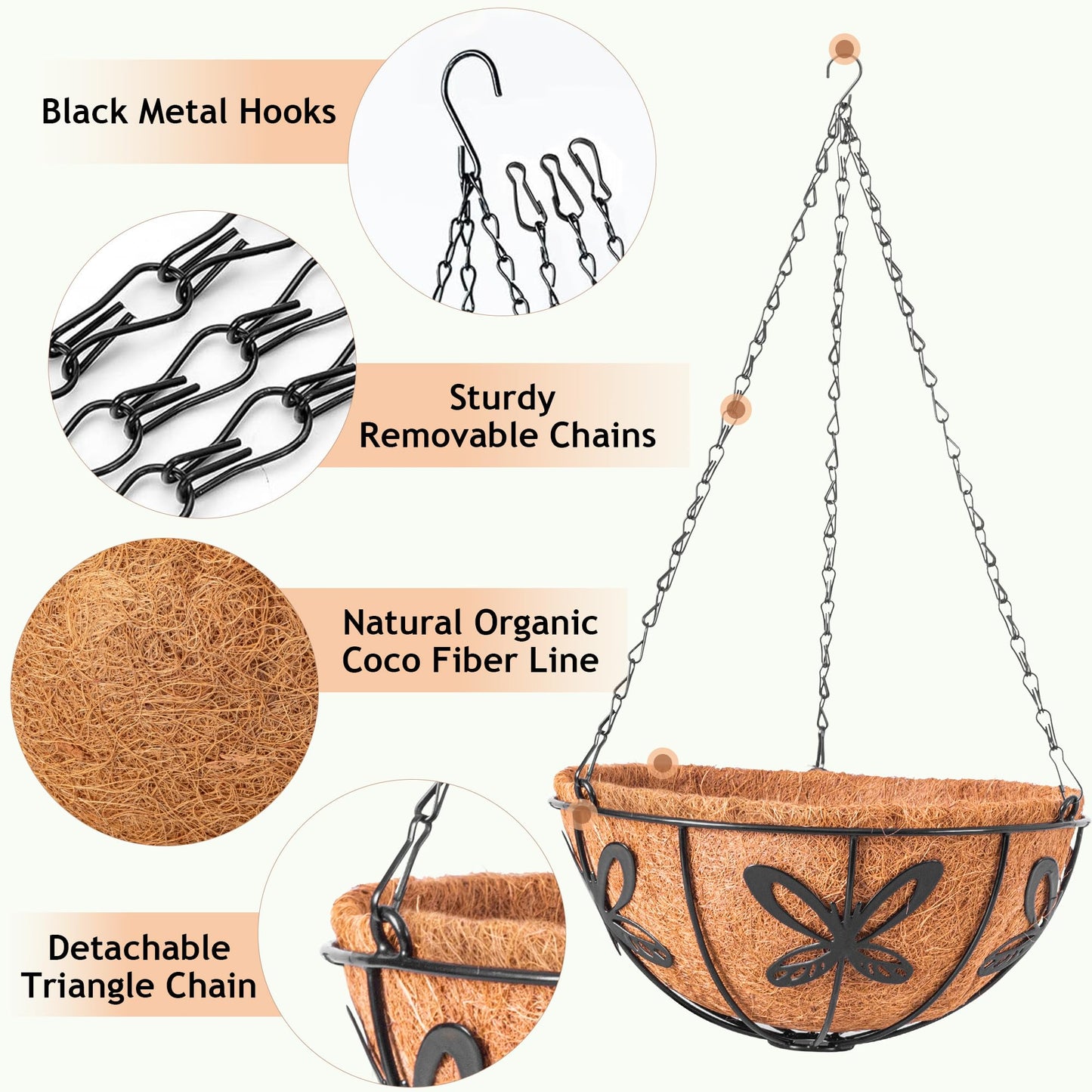 ARVINKEY Hanging Baskets Planter for Plants, 2 Pack 14 Inch Round Metal Wire Hanging Flower Pots with Coco Coir Liner Chain, Plant Holder for Home Garden Balcony Decor