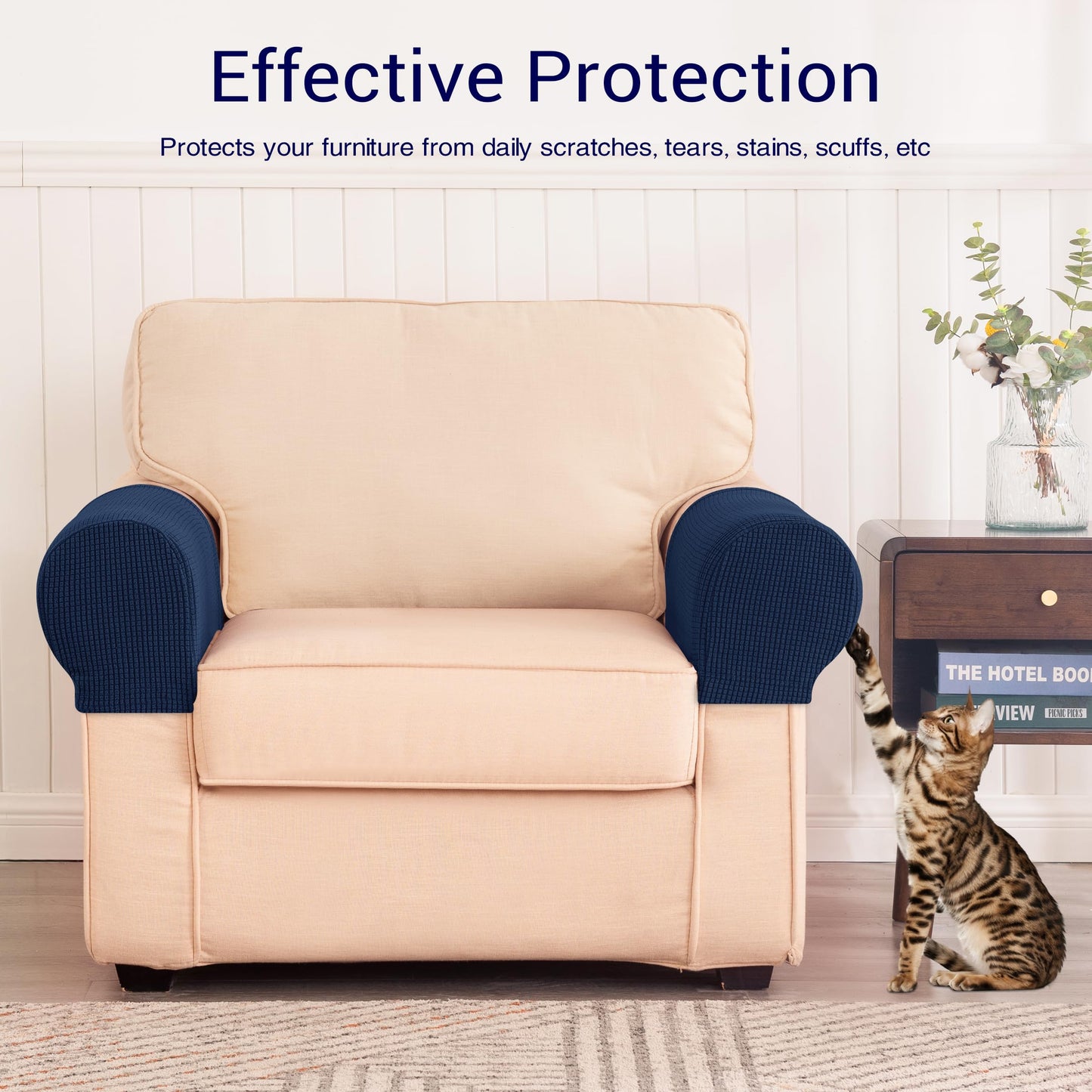 SUBRTEX Stretch Couch Arm Covers Set of 2, Checkered Sofa Arm Slipcovers, Anti-Slip Armrest Covers for Recliner and Armchairs, Pet Proof, High Stretchy, Hook & Loop Tape, Navy