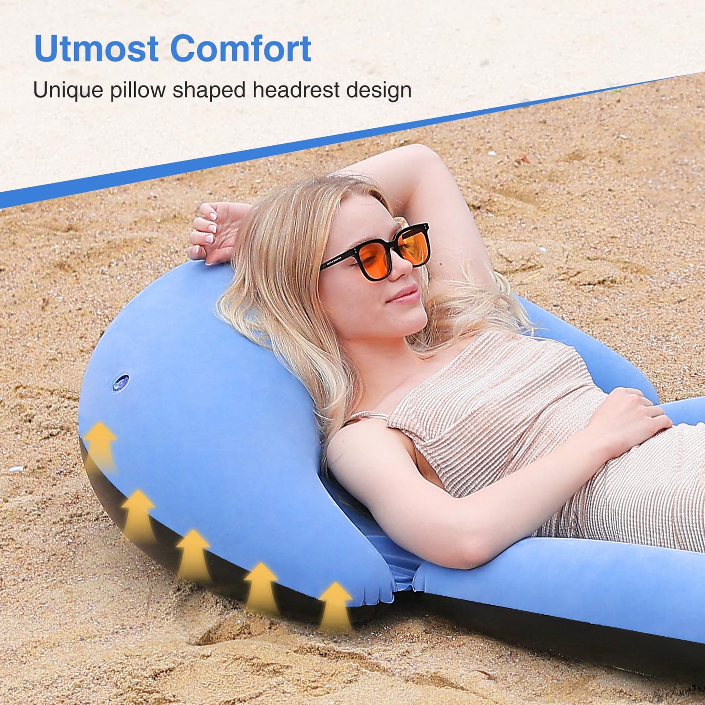 ROUSKY Inflatable Beach Mat, 70 x 29 Inch, Flocked Surface, Pillow Surround (Blue)