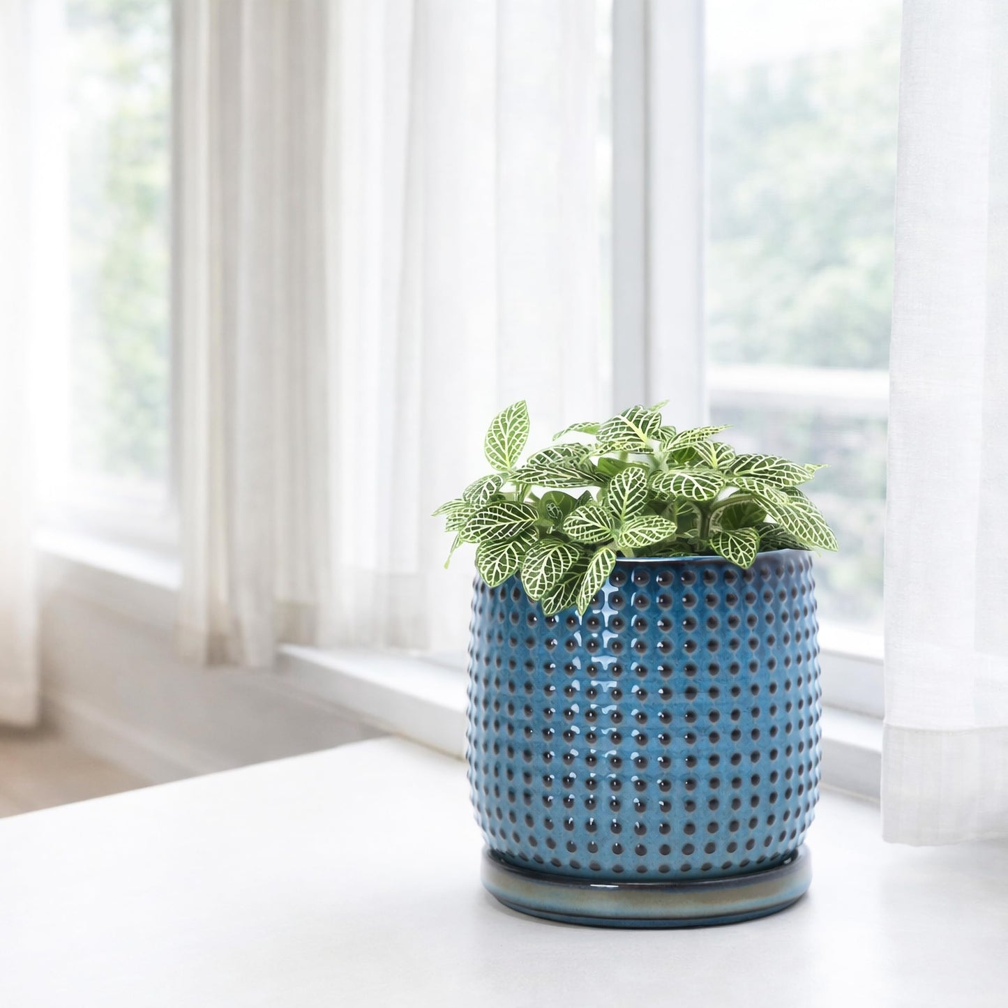 D'vine Dev 4 Inch Ceramic Beaded Stoneware Planter Pot - Flower Pot with Drainage Holes and Saucers for Indoor Succulent Plants or Flowers, Ocean Teal, 27-C-Z-8