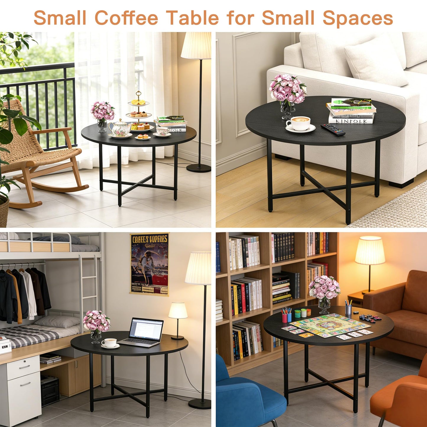 FAMIDGE Coffee Table, 23.6" Coffee Tables for Living Room, Round Coffee Table with Metal Frame, Floor Table for Sitting on The Floor, Home, Office, Black