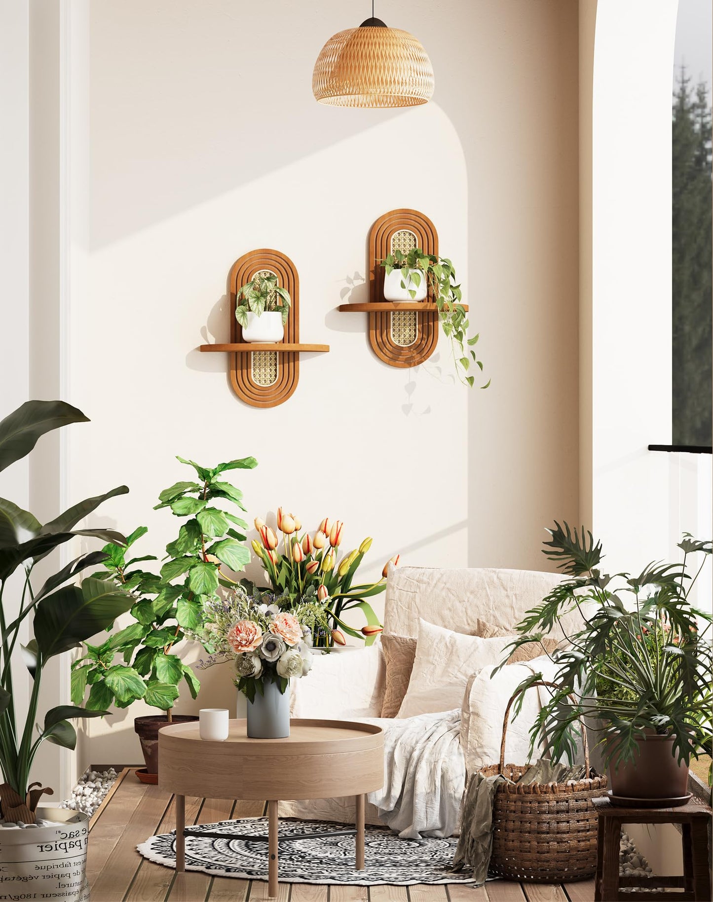 Hongsane Floating Shelves for Wall, Boho Home Wall Decor,Rattan Plant Shelf Set of 2, Mid Century Small Decorative Shelf, Natural Wood Shelves for Living Room,Bedroom,House,Office (Walnut)