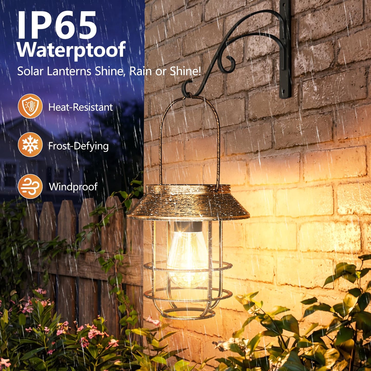 AOUNQ Solar Lanterns Outdoor Waterproof 4 Pack, Upgraded Brighter Hanging Solar Lights for Outside with Wall Hook - Retro Bronze Metal Solar-Powered Hanging Lantern Auto On/Off for Porch Patio Garden