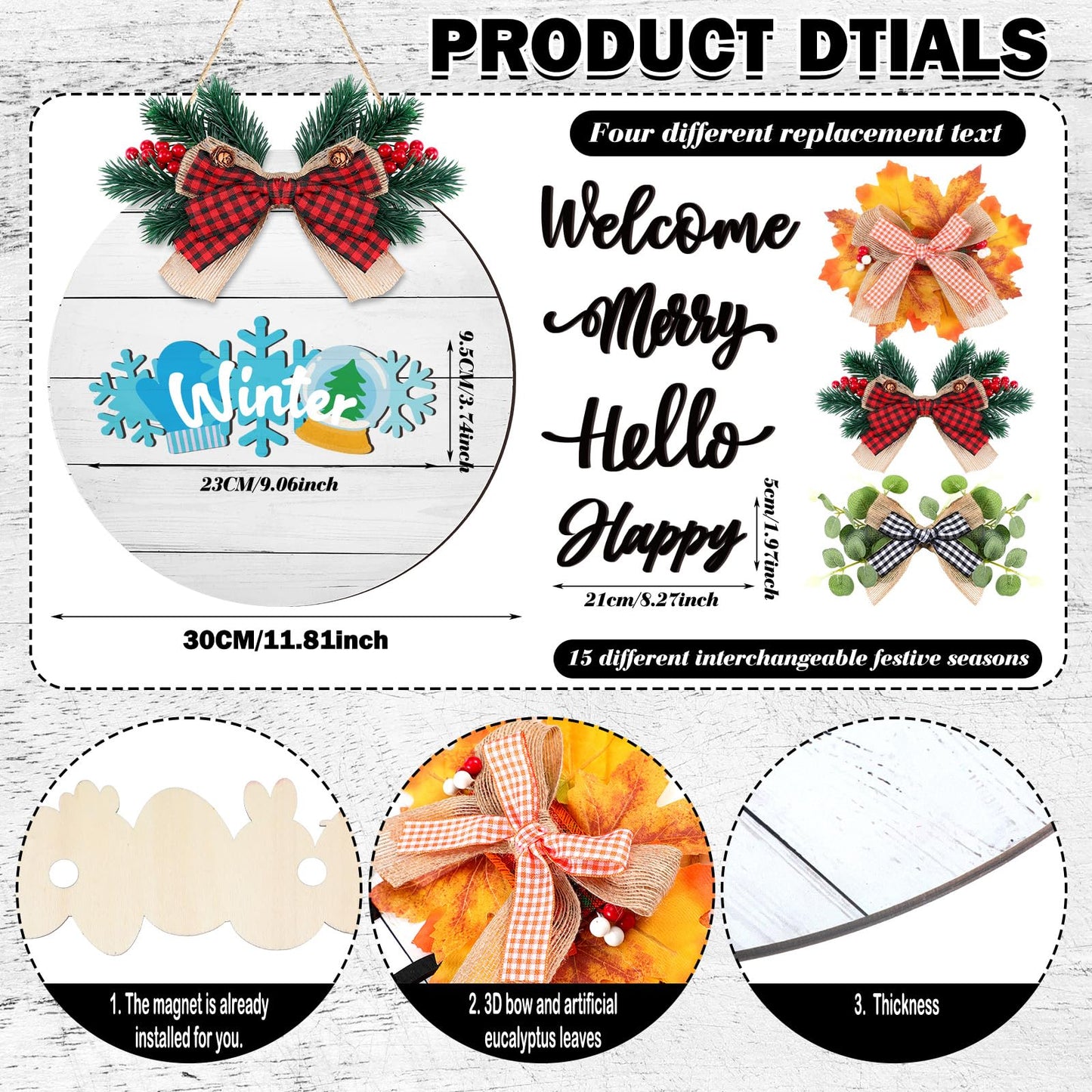 Burbell 21 Pcs Interchangeable Welcome Sign for All Holiday 4th of July Front Door Decor with 4 Bows, 4 Characters and 12 Changeable Icons Farmhouse Door Wall Wreath Home Decor Seasonal Wooden Sign