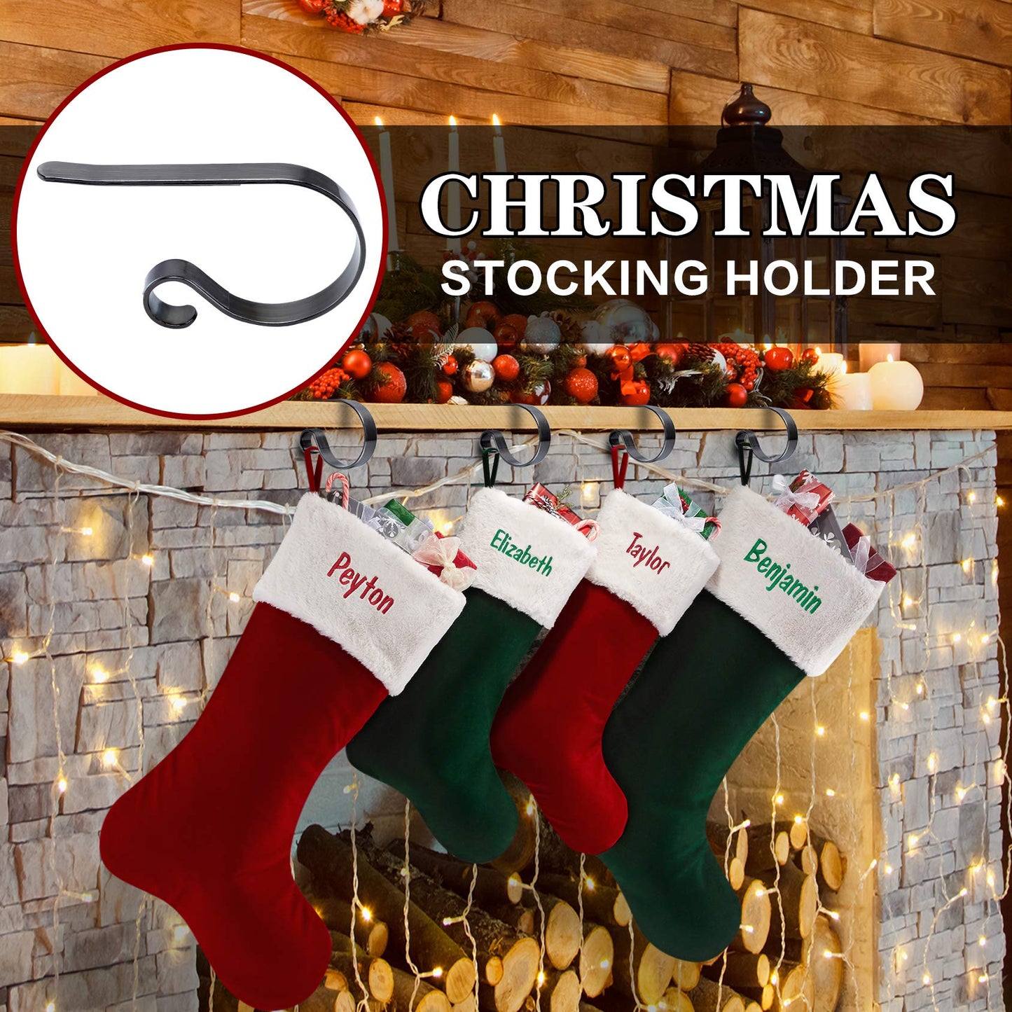 Christmas Stocking Holders for Mantle Set 4, Scratch-Free Christmas Stocking Holders for Fireplace Mantle,Multi-uses Stocking Hooks for Mantle,Mantel Stocking Holders Clip for Xmas Party Decorations