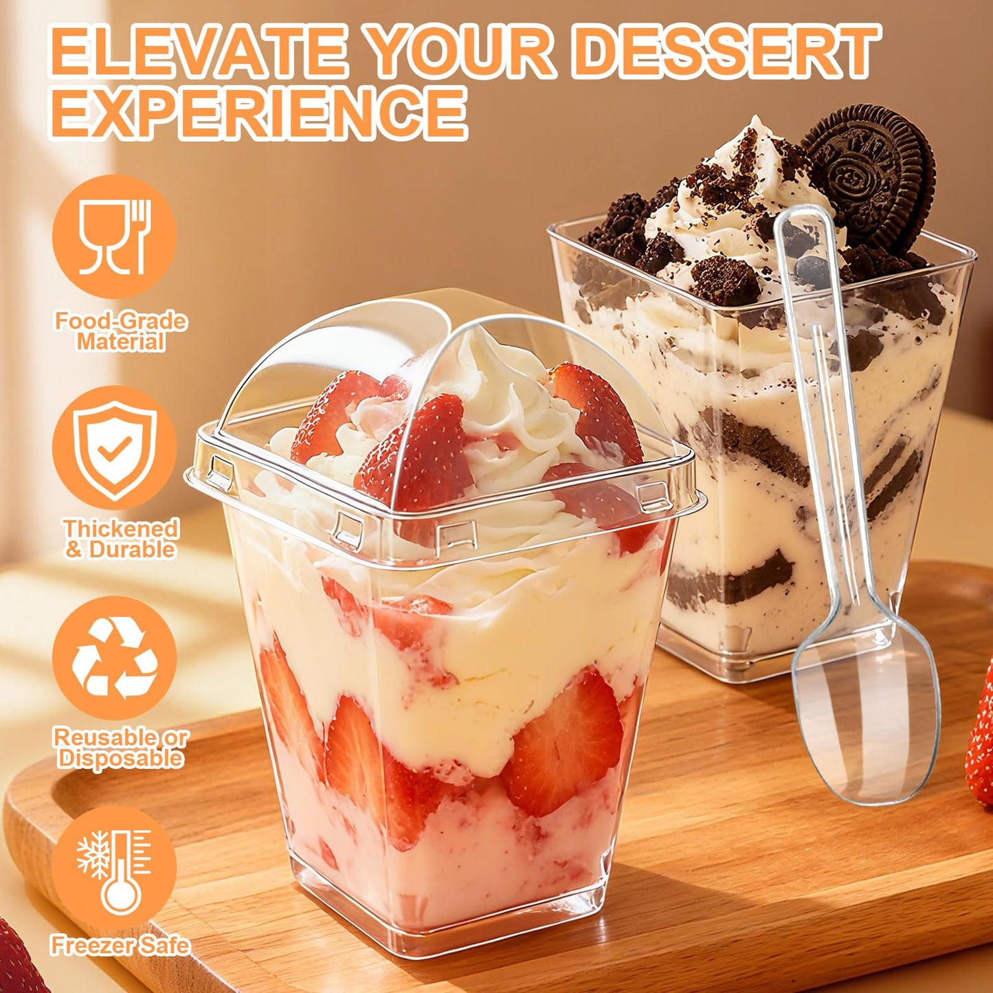 5oz Plastic Dessert Cups with Lids and Spoons, Clear Small Yogurt Parfait Cups with Lids, Mini Dessert Shooter Cups with Spoons, Square Appetizer Cups for Party Fruit Pudding Trifle Ice Cream 20 Pack