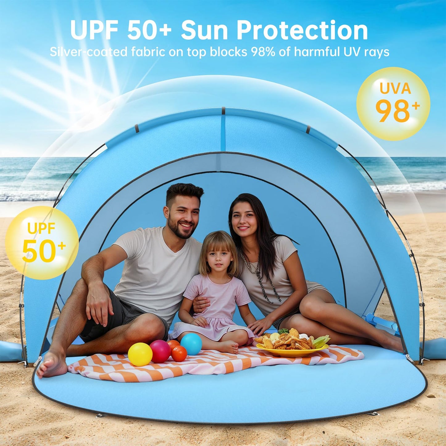 Raynesys Beach Tent Sun Shelter, Beach Shade Tent with UPF50+ UV Protection, Portable Sun Shelter for 1-3 Person, Shade Tents with 2 Zippered Doors for Sand Camping Fishing, Blue