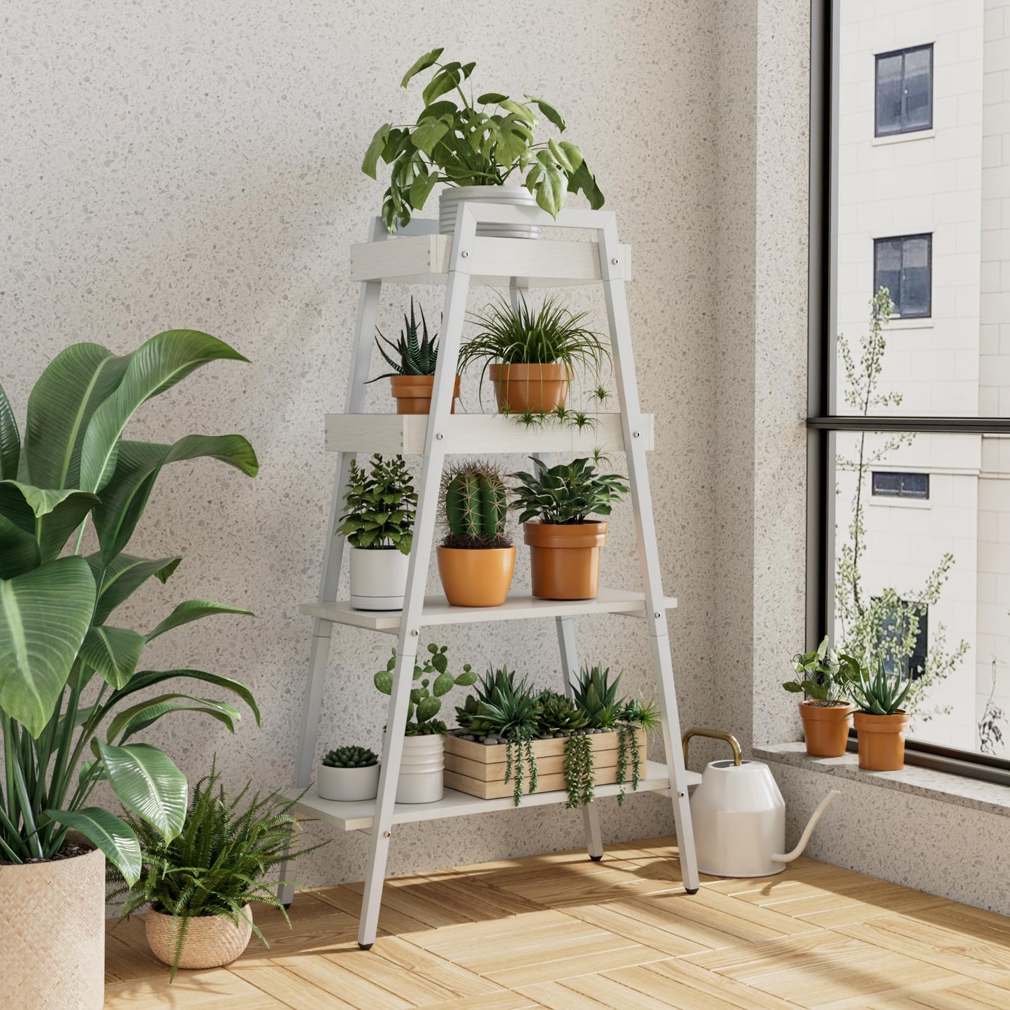 VECELO Ladder Shelf, 4 Tier Wooden Bookshelf with Metal Frame, Freestanding Bookcase Display Shelves and Plant Stand for Living Room/Farmhouse/Bedroom/Home Office-White