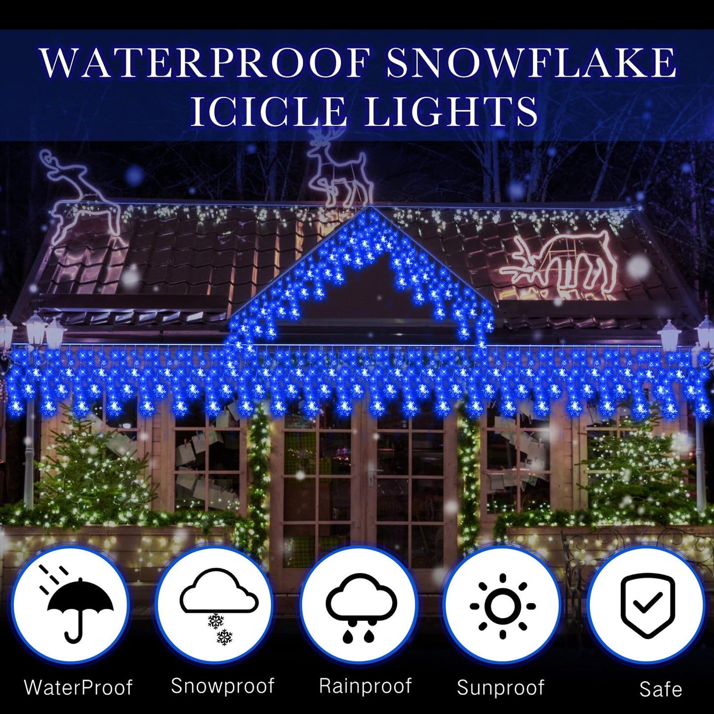 Aurelema Christmas Snowflake Icicle Lights, 33 ft Outdoor Snowflake Lights with Remote 8 Mode Waterproof 380 LEDs 76 Drops for Curtain Eaves Garden Indoor Outdoor Xmas Home Decor Wedding(Blue)