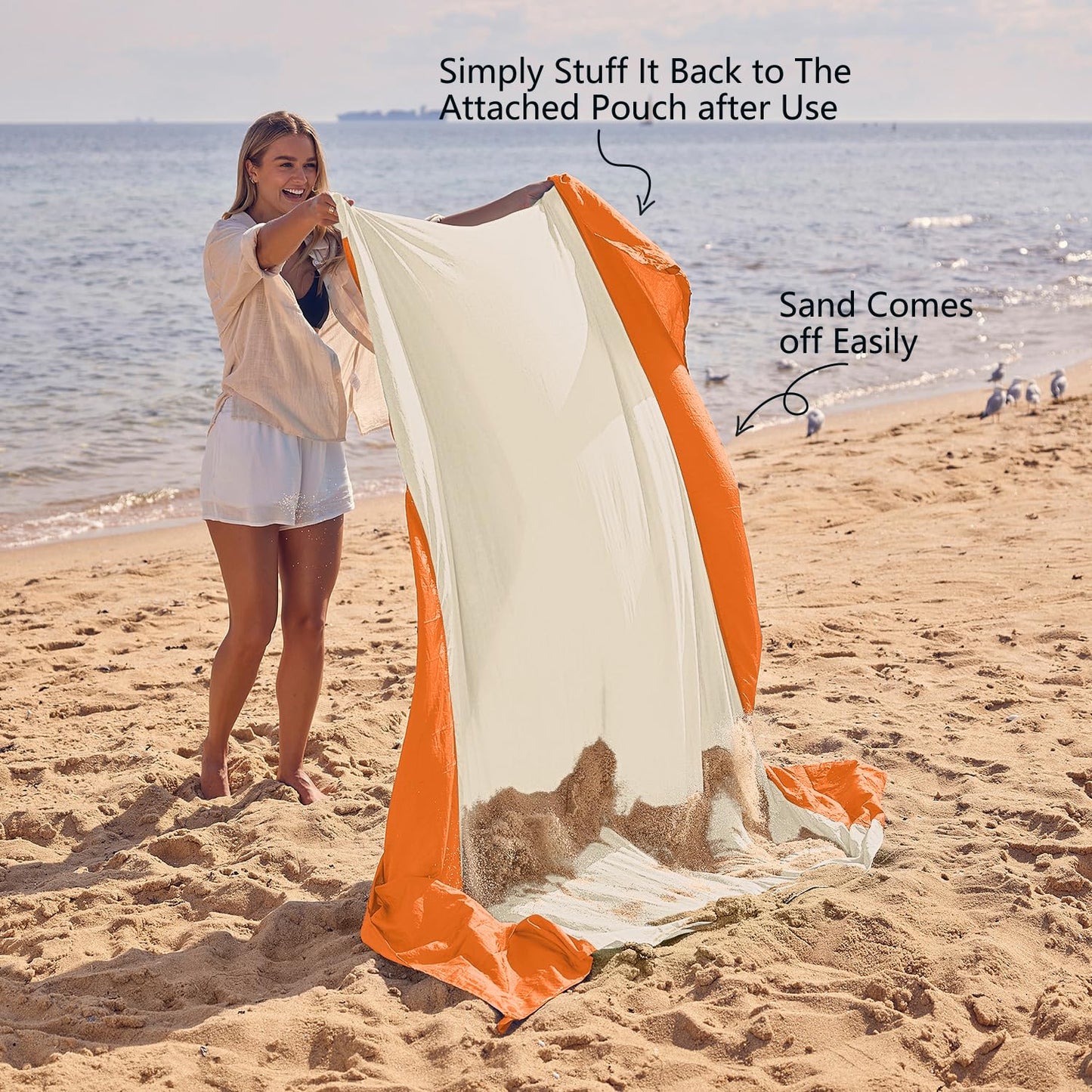 WEKAPO Beach Blanket Sandproof Waterproof, Extra Large Beach Mat, Oversized & Compact Sand Free, Quick Drying Beach Essentials for Vacation, Cruise, Picnic & Camping with Stakes (Orange, 7x7 FT)