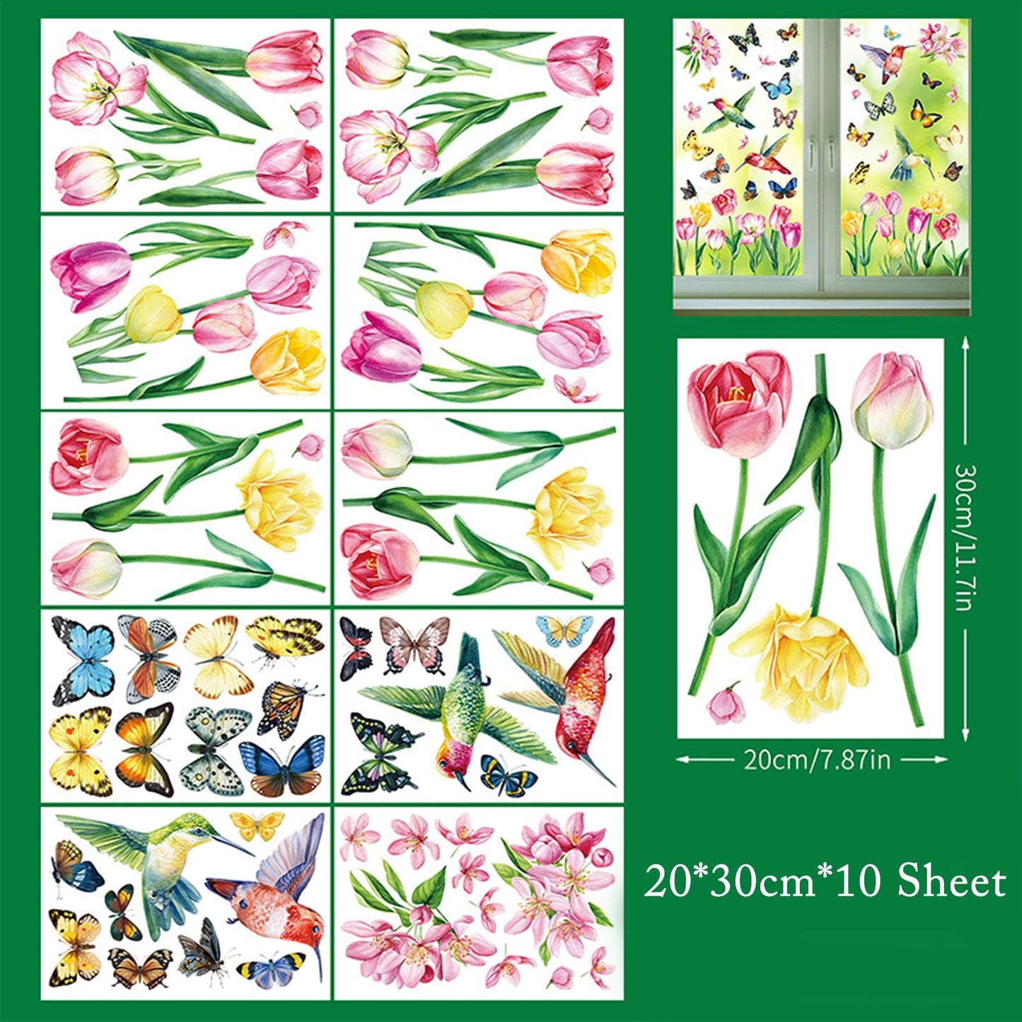 63PCS Spring Window Clings, 10 Sheets Reusable Window Stickers for Glass with Hummingbirds Butterflies Tulip Flowers,Spring Summer Window Decor