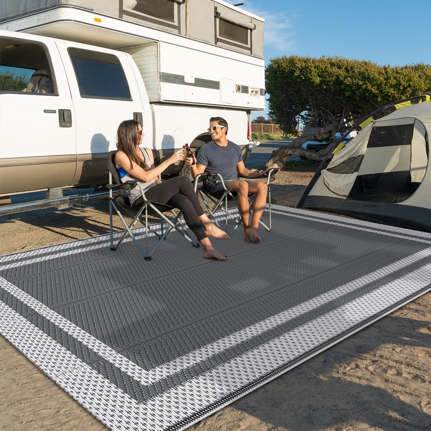 HappyTrends Outdoor Rug Reversible Portable Plastic Straw Camping Rugs for Outside RV,Large Waterproof Outdoor Area Rugs for Patio,Deck,Porch,Balcony(5'x 8',White&Gray)