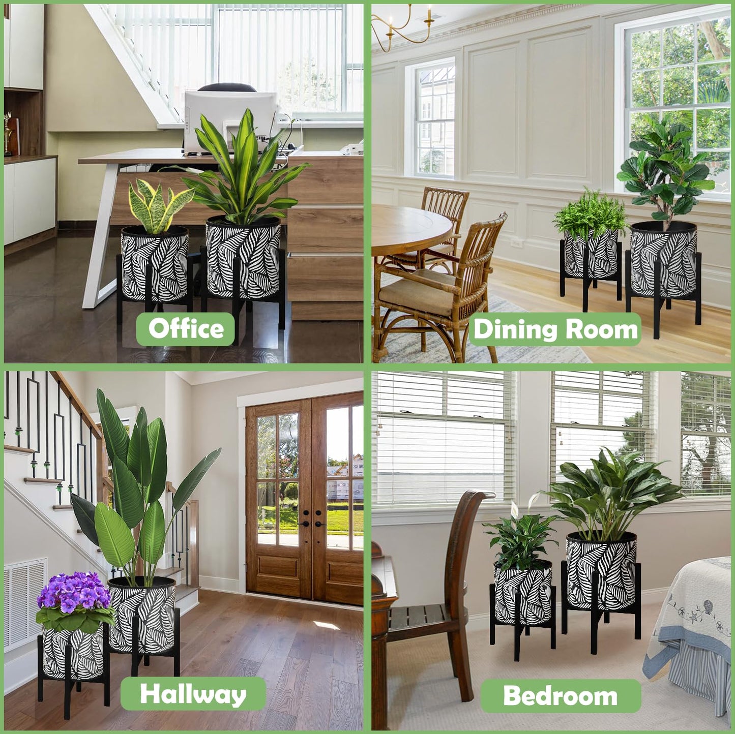 10 & 12 Inches Plant Pot with Stand Set of 2, Decorative Palm Leaves Printing Planter with Holder, Garden Pot for Snake Plant, Monstera, Houseplants - Indoor Outdoor Flower Pots with Drainage Holes