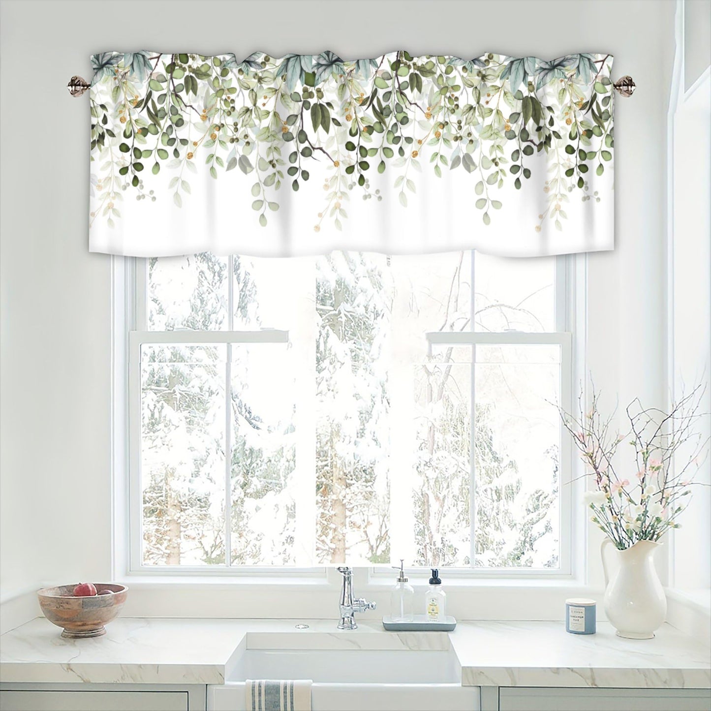 AYTTBIS Sage Green Eucalyptus Leaves Curtain Valance for Windows Watercolor Window Treatments 1 Panel Short Curtains for Kitchen Windows Bathroom Bedroom,42 x 12 Inch