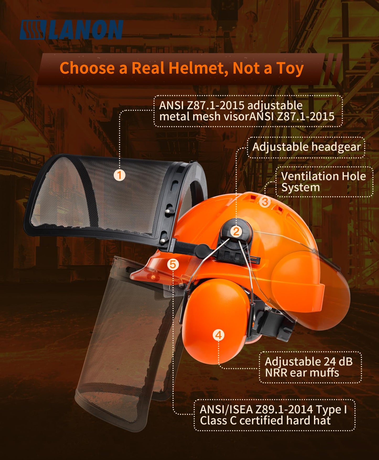 LANON Industrial Forestry Safety Helmet Protection System, ANSI Approved Chainsaw Hard Hats with Adjustable Ear Muffs & Face Shield Visor, 6 Point Adjustable Ratchet Suspension, Class C, Orange