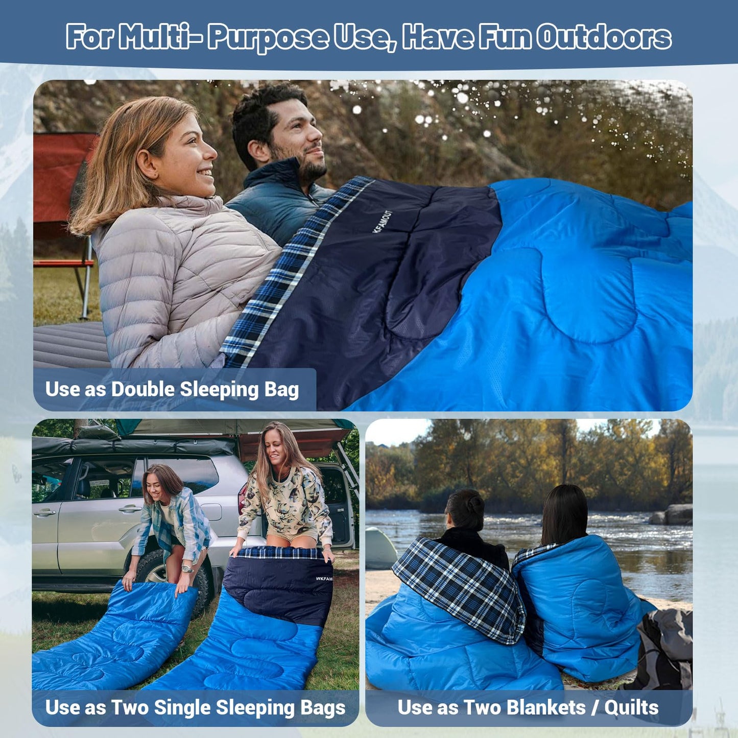 WKFAMOUT Cotton Flannel Double Sleeping Bag for Adults Machine Washable 2 Person Camping Sleeping Bag Queen Size Waterproof with Compression Sack for Cold Weather 3-4 Seasons