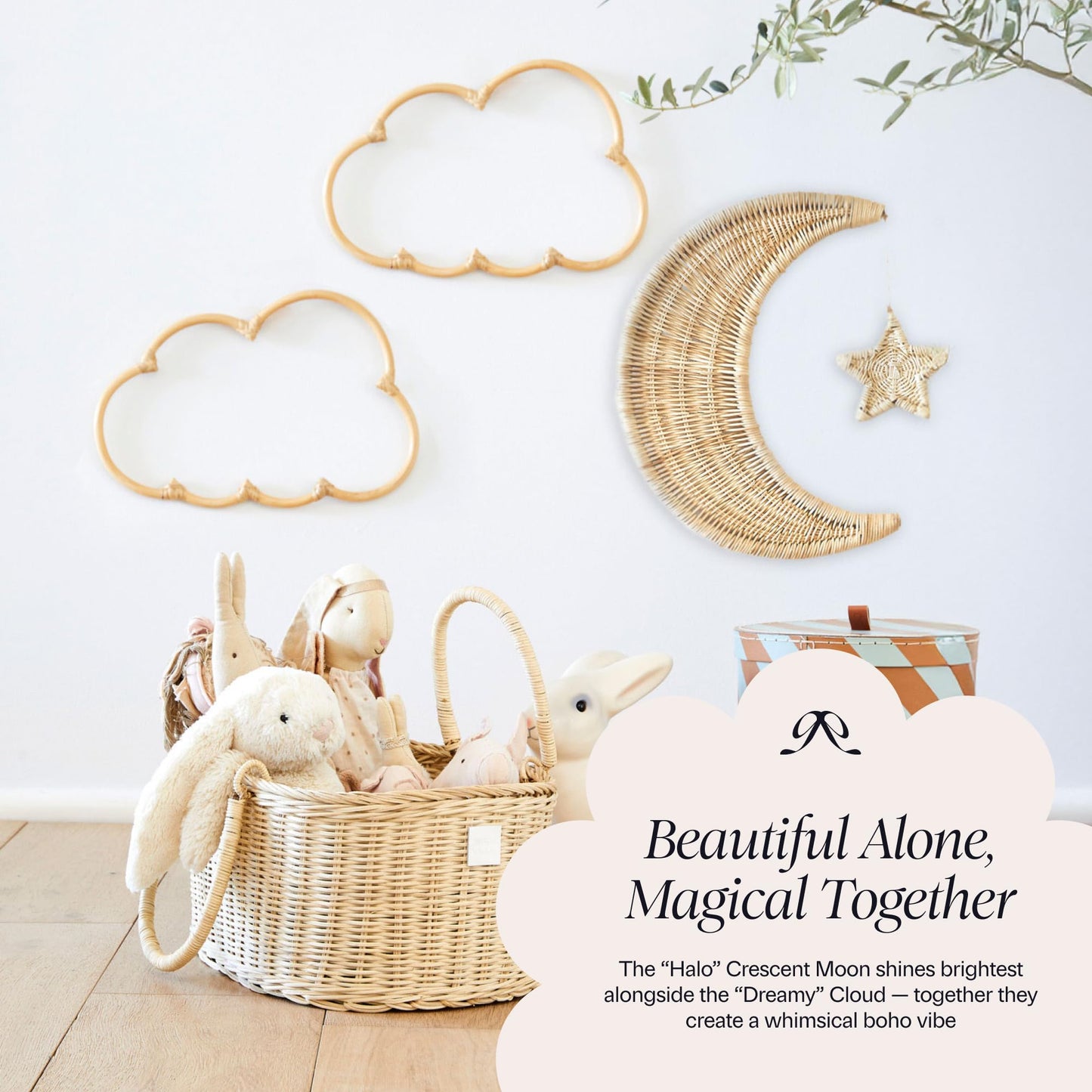 BEBE BASK Handmade Rattan Moon Wall Decor with Star - 100% Natural Organic Rattan Moon Decor for The Boho Nursery Decor - Moon and Stars Nursery Décor