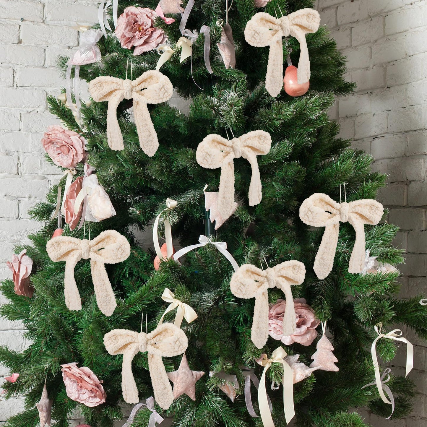 Soulchen 12 Pcs Crochet Bow Christmas Ornaments Large Neutral Christmas Knitted Ornaments Boho Bownot Hanging Handmade Decoration for Xmas Tree Farmhouse Rustic Decor Holiday Fireplace Garland Decor