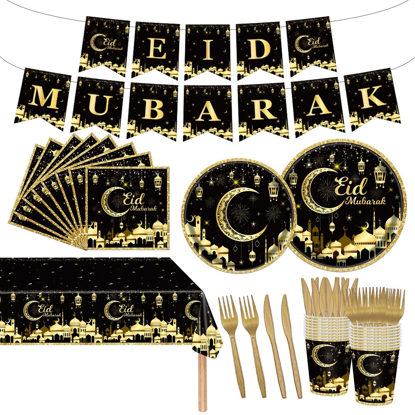 98PCS Eid Mubarak Party Supplies Black and Gold Ramadan Tableware Set Ramadan Mubarak Paper Plates and Napkins Eid Mubarak Party Decorations Eid Al-fitr Party Disposable Dinnerware Set for 16 Guests