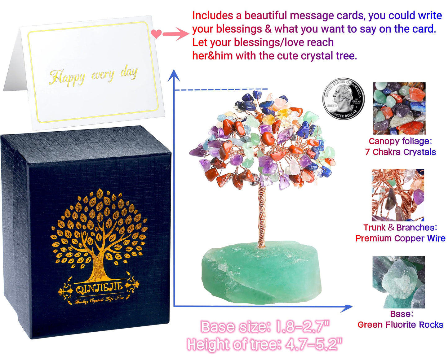 QINJIEJIE 7 Chakra Crystals Gemstone Healing Crystal Stone Fluorite Base Natural Stones Copper Wire Life Tree Energy Office Desk Decor Meditation Christmas Spiritual Gift for Women Men