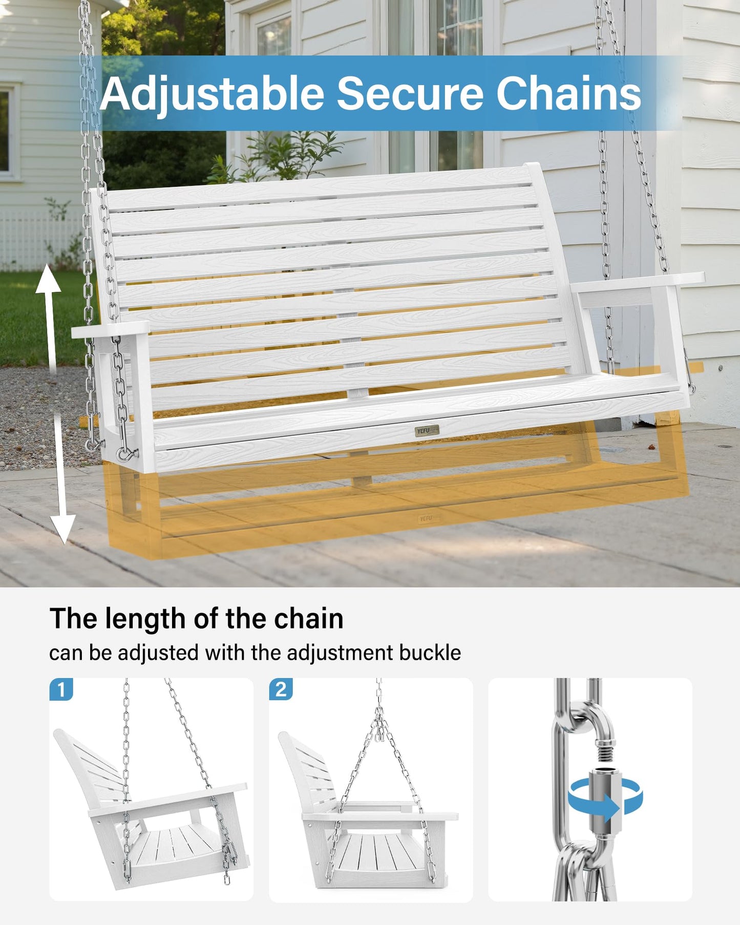 YEFU Hanging Porch Swing Outdoor: 2-Seat Patio Swing Bench-All Weather Swings Chair with Hanging Chains-Look Like Real Wood-Garden/Courtyard/660Lbs Weight Capacity/4FT/White