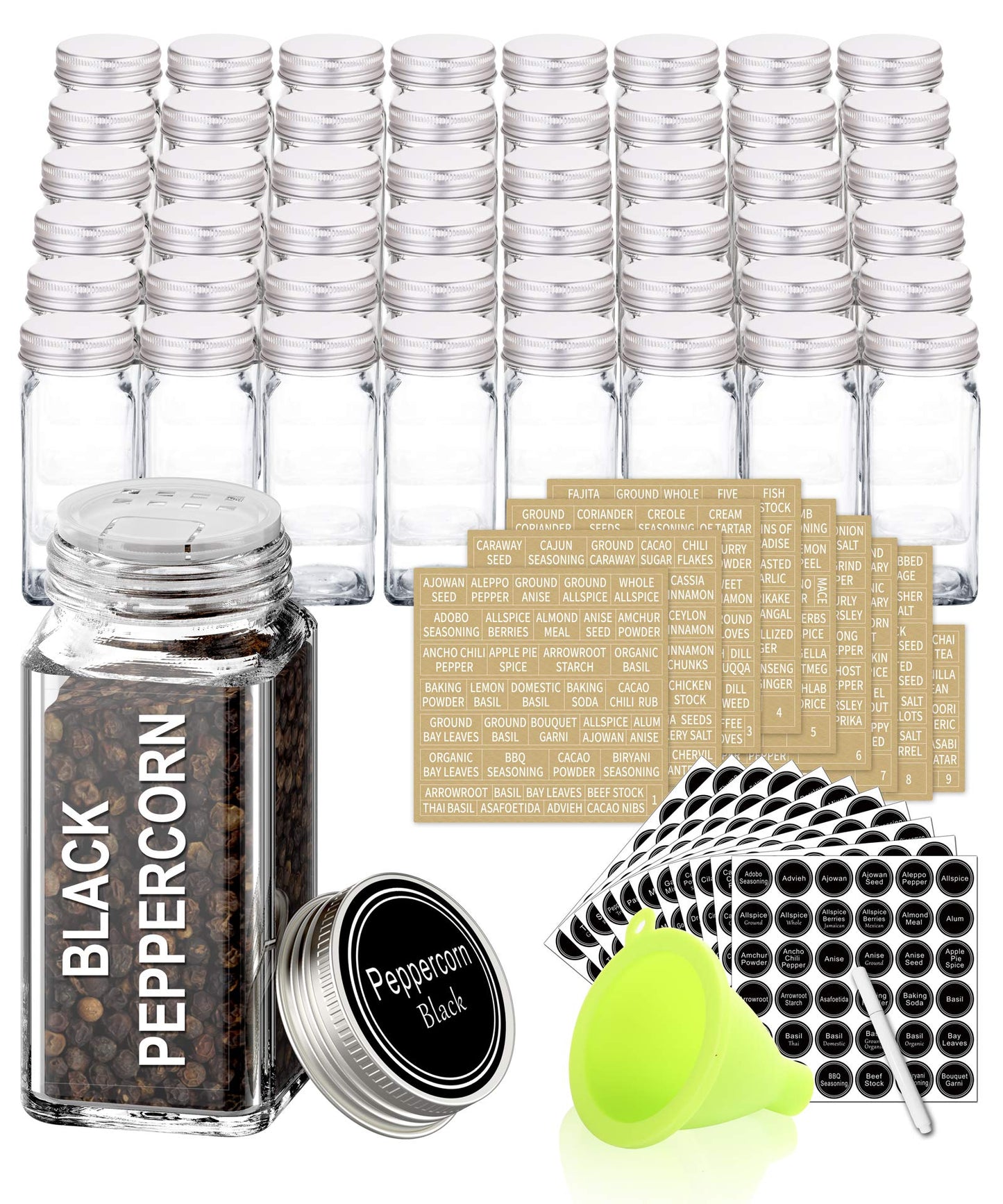 SWOMMOLY 48 Glass Spice Jars with 713 Spice Labels, Chalk Marker and Funnel Complete Set. 48 Square Glass Jars 4OZ, Airtight Cap, Pour/sift Shaker Lid