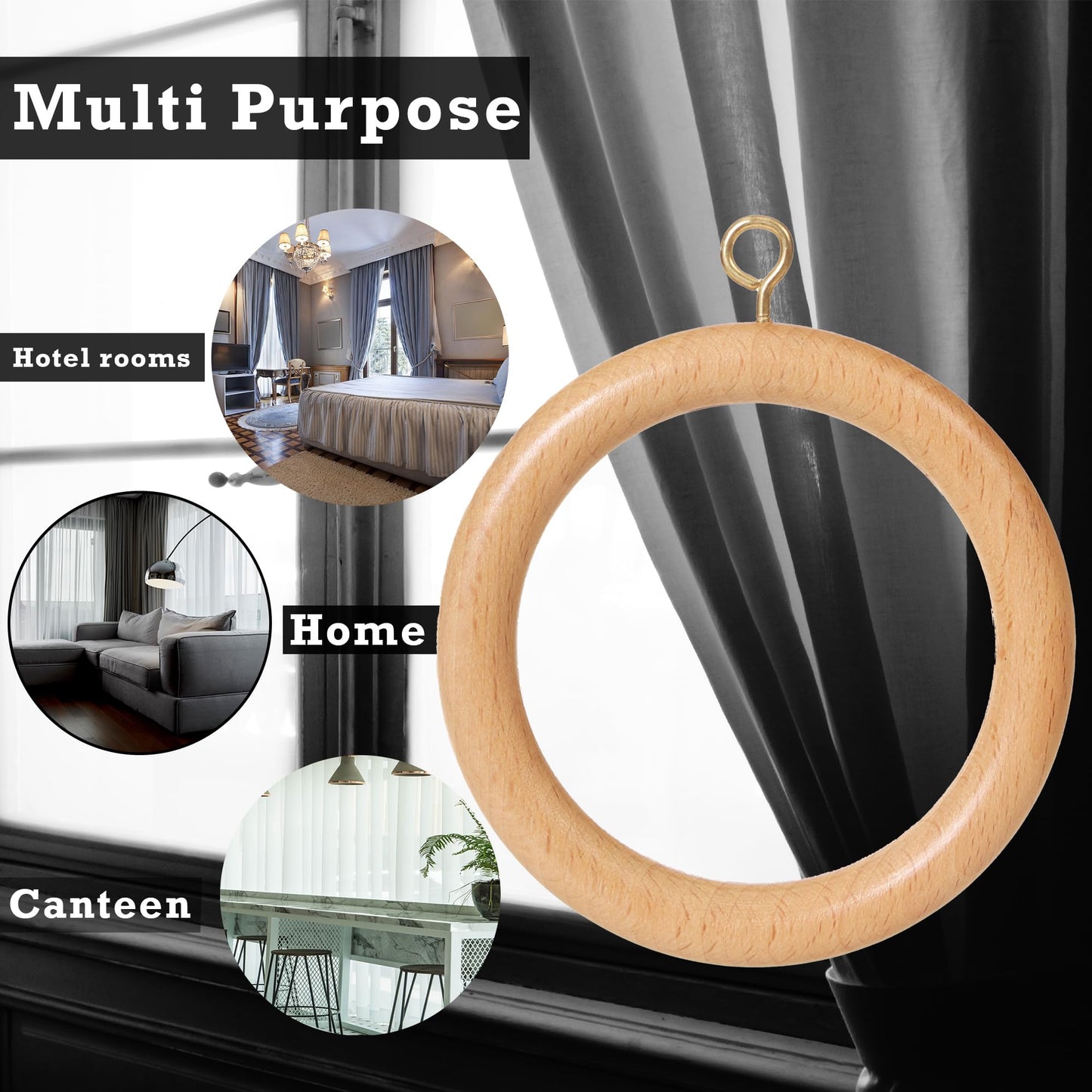 96 Pcs Wooden Drapery Curtain Rings with Metal Hooks – 3.5''Outer, 2.7" Inner Diameter – Beechwood Durable Wooden Drapery Rod Rings for 1-1.5 inch – Pack of 96