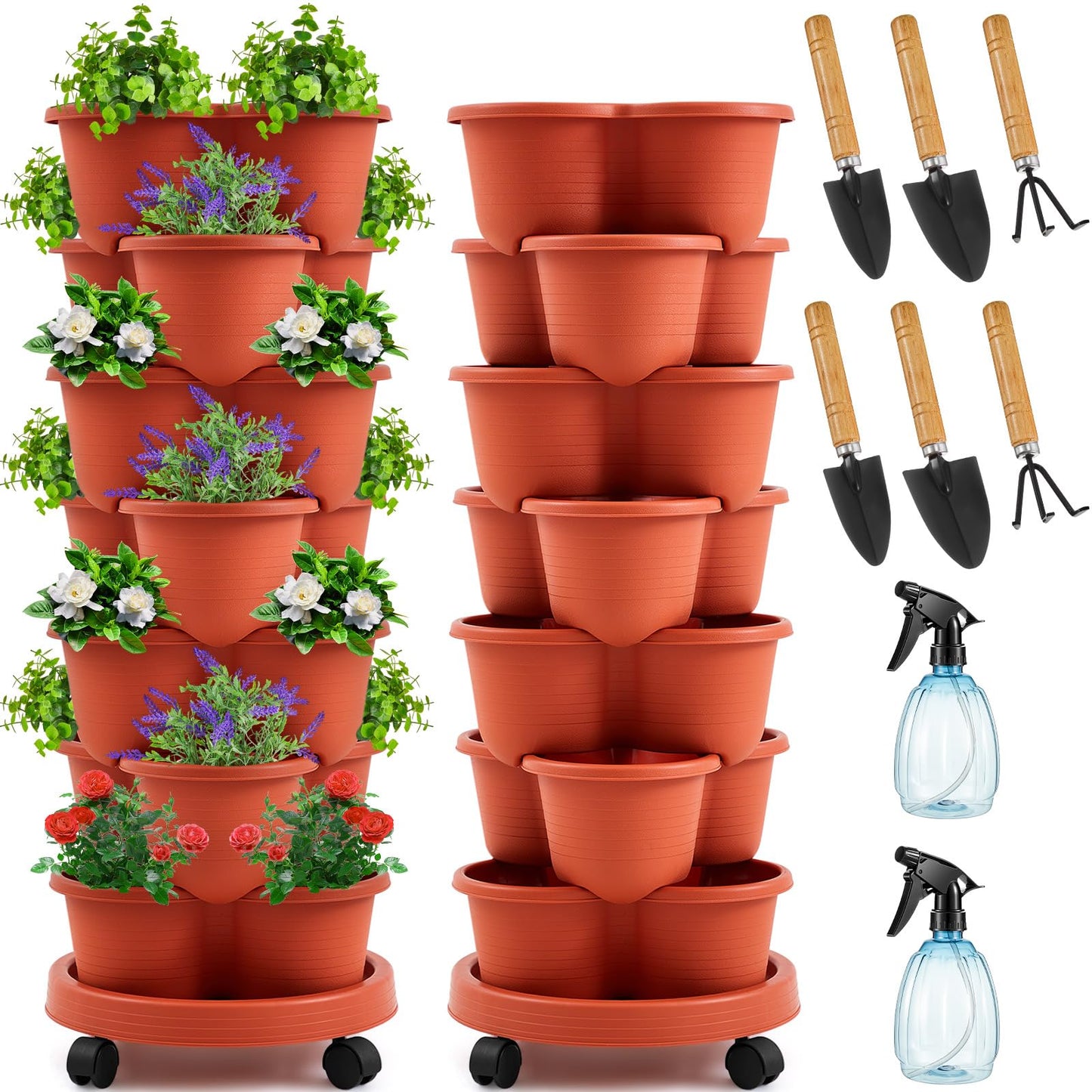 Umigy 2 Set Clay Red 7 Tier Stackable Vertical Planters with Removable Wheels and Tools Tower Planters Strawberry Herb Flower Vegetable Pots Indoor Outdoor Gardening Pots