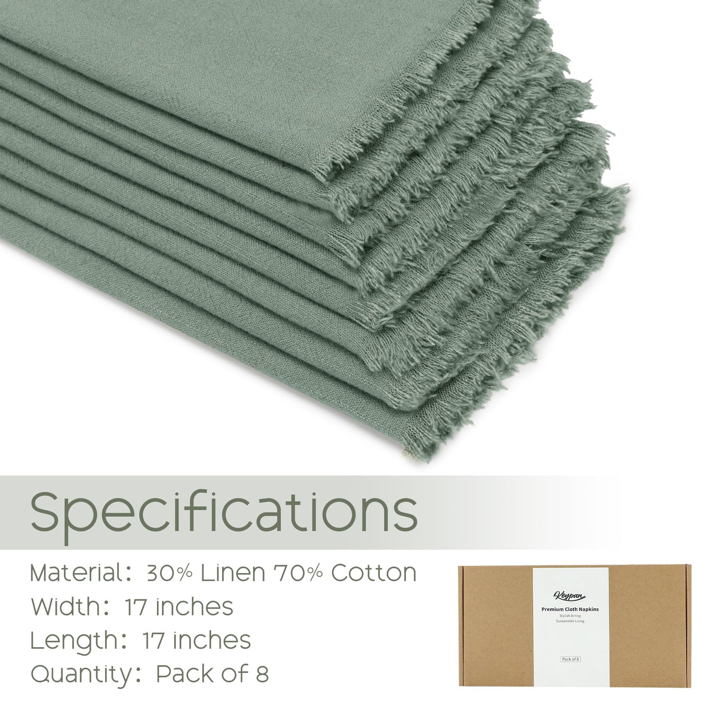 keypan Sage Green Cloth Napkins Washable, Linen Cotton Table Rustic Fabric Napkin Bulk with Fringe for Thanksgiving Dinner Wedding Party Set of 8 17x17 inch