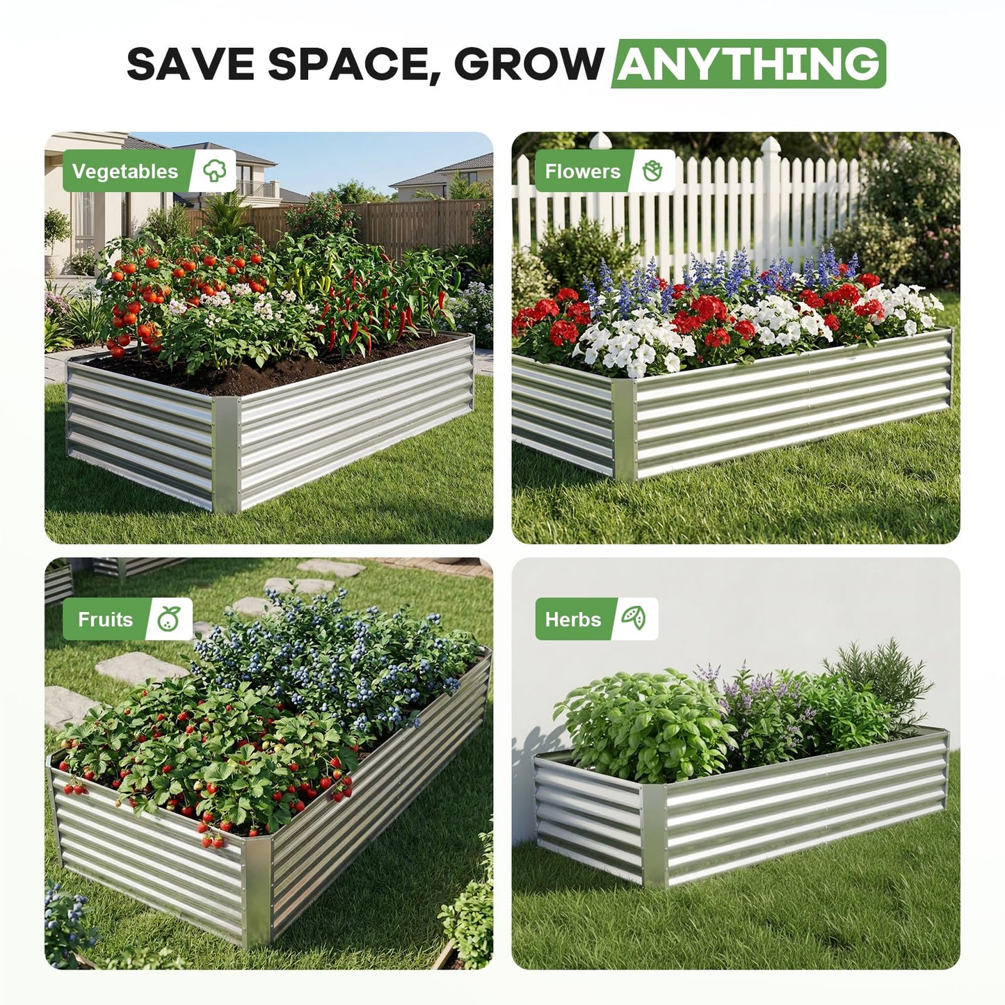 HEALSTOK Galvanized Raised Garden Bed Kits, Metal Planter Box Outdoor, 8x4x1.4ft Rectangular Steel Planter Bed for Vegetables, Fruits, Flowers, Herbs(Silver)