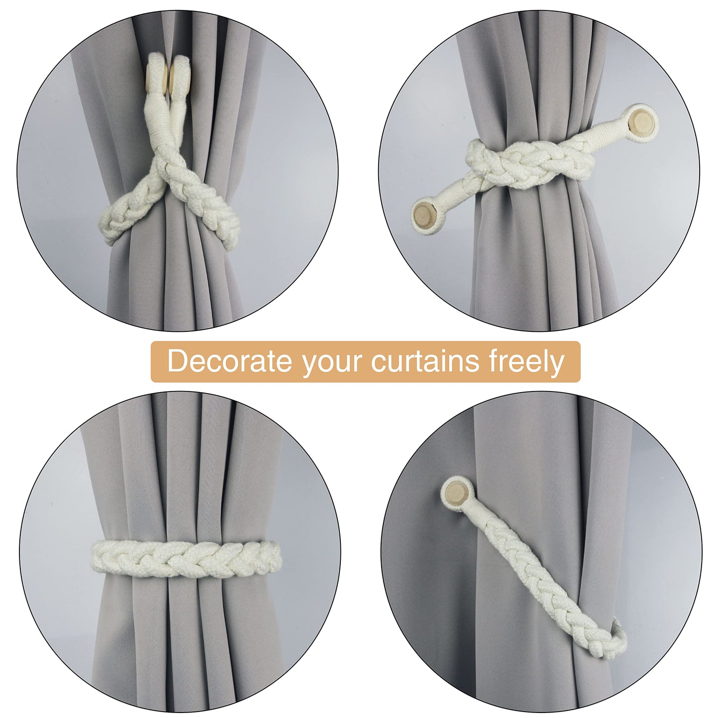 Porlau 2 Pack Magnetic Soft Curtain Tiebacks Cotton Hand-Woven Tieback Holdback Home Decorative Tie Backs with Wooden Buckle for Home Office Decor (Cream, 2)