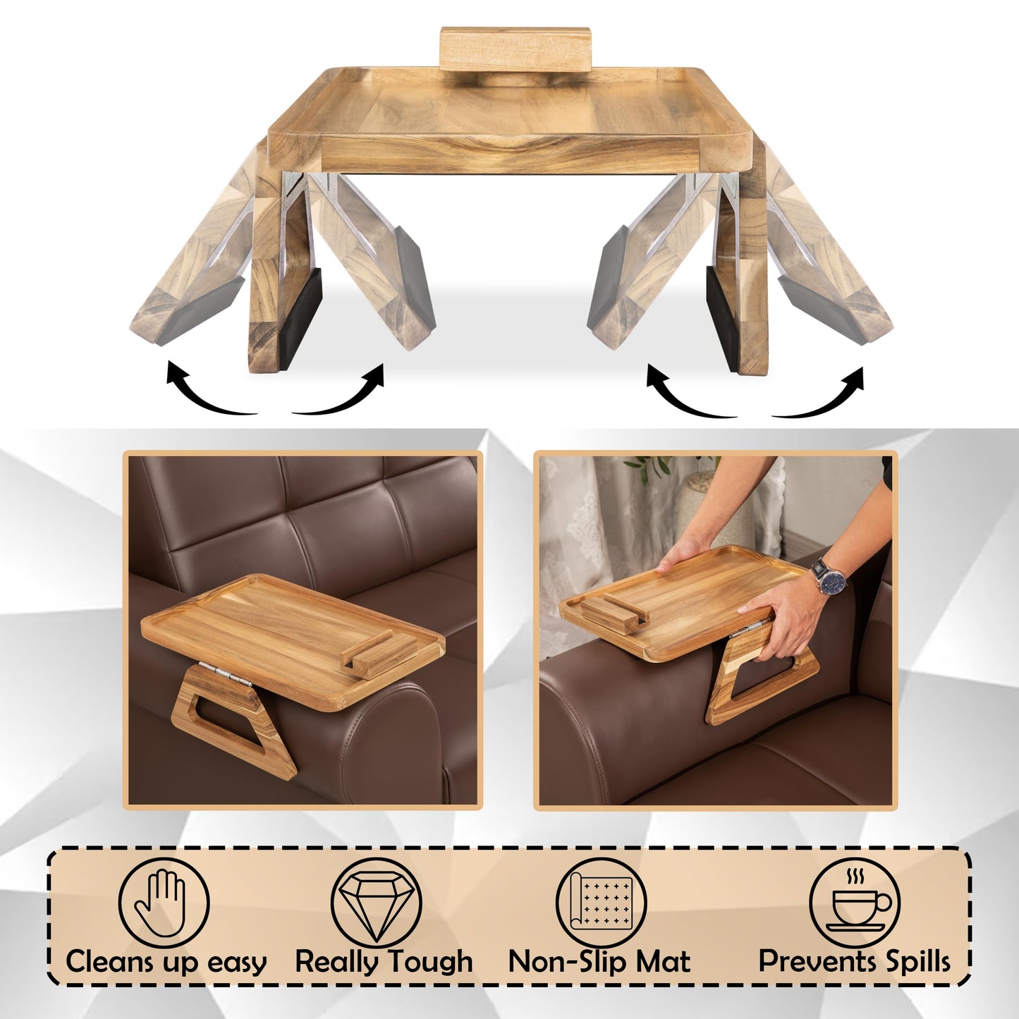 VICTORY RELAX Acacia Wood Arm Table (15.35" D x 9.8" W x 5.7" H), Couch Arm Tray for TV Dinners, Remote, Foldable Armrest Organizer, Rectangular Sofa Armrest Tray - Light Natural