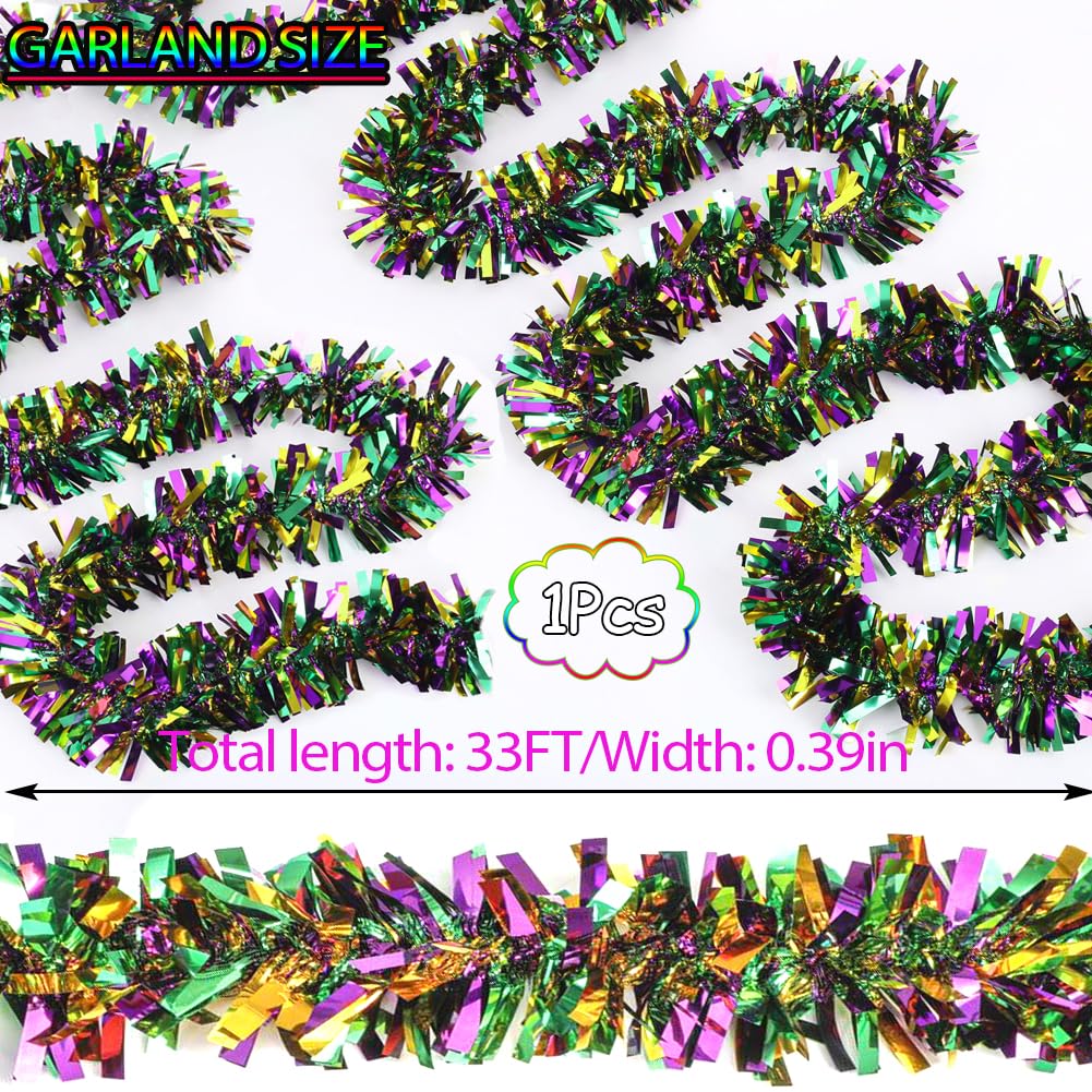 33Ft Christmas Tinsel Garland, Gold Green Purple Metallic Twist Foil Tinsel Garland Hanging Decor for Christmas Tree Birthday Kwanzaa Party Indoor Outdoor Party Supplies - Gold Green Purple
