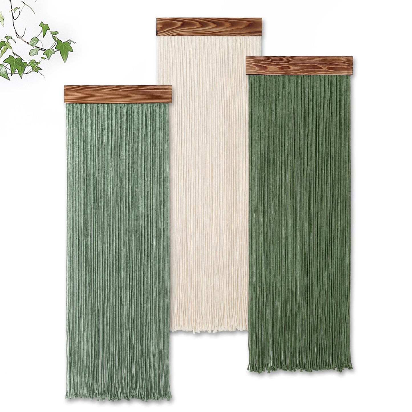 KHOYIME Macrame Wall Hanging Boho Chic Home Decor, 3PCS Bohemian Green Beige Tassel Yarn Tapestry Modern Handmade Large Wall Art Decorations for Living Room Bedroom Nursery Backdrop 11.8''W x 36''L