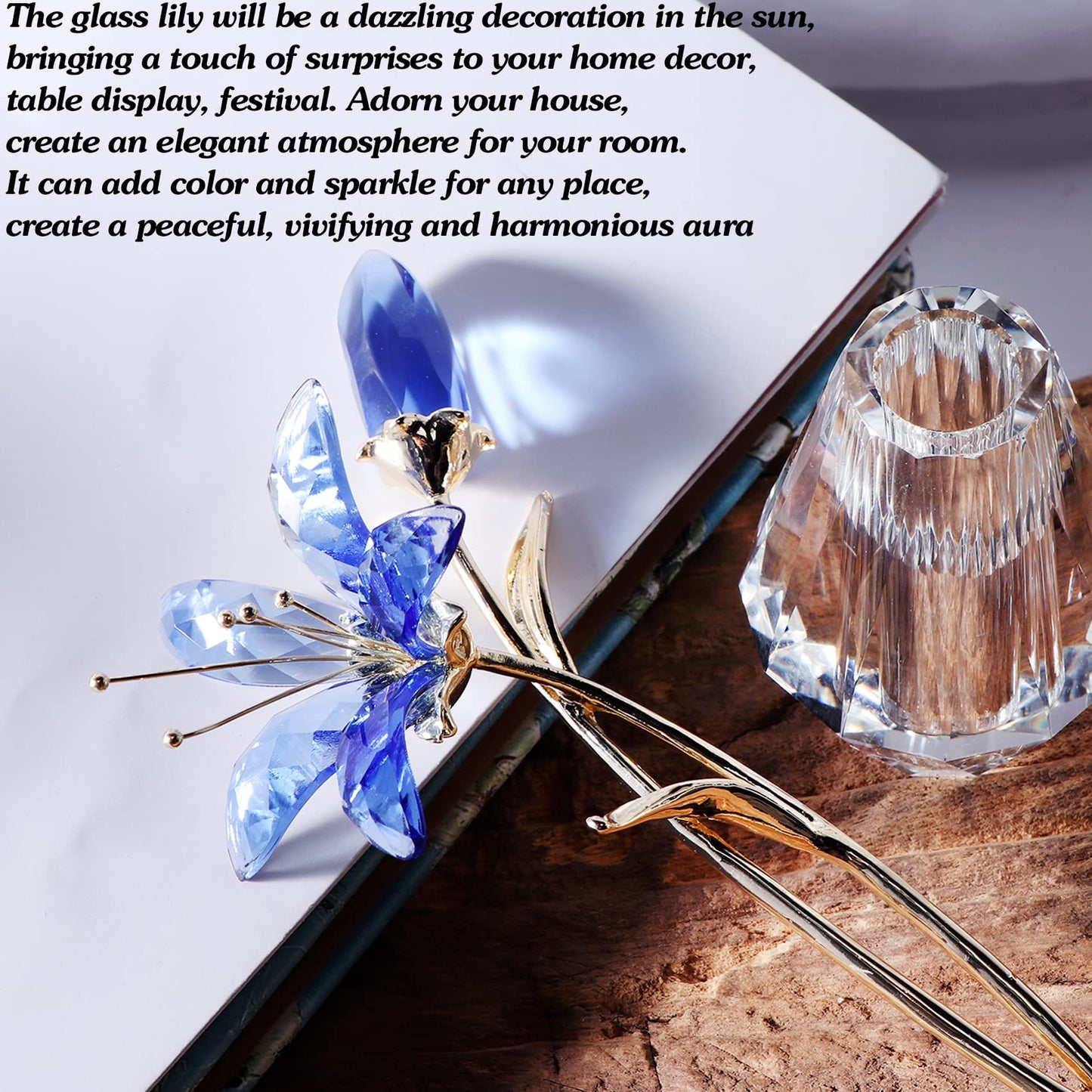 Ornalrist Crystal Tiger Lily Flowers with Vase Metal Stem Blue Lily Flower Collectible Gifts for Women, Glass Lilium Floral Figurines for Home Anniversary Party Decor