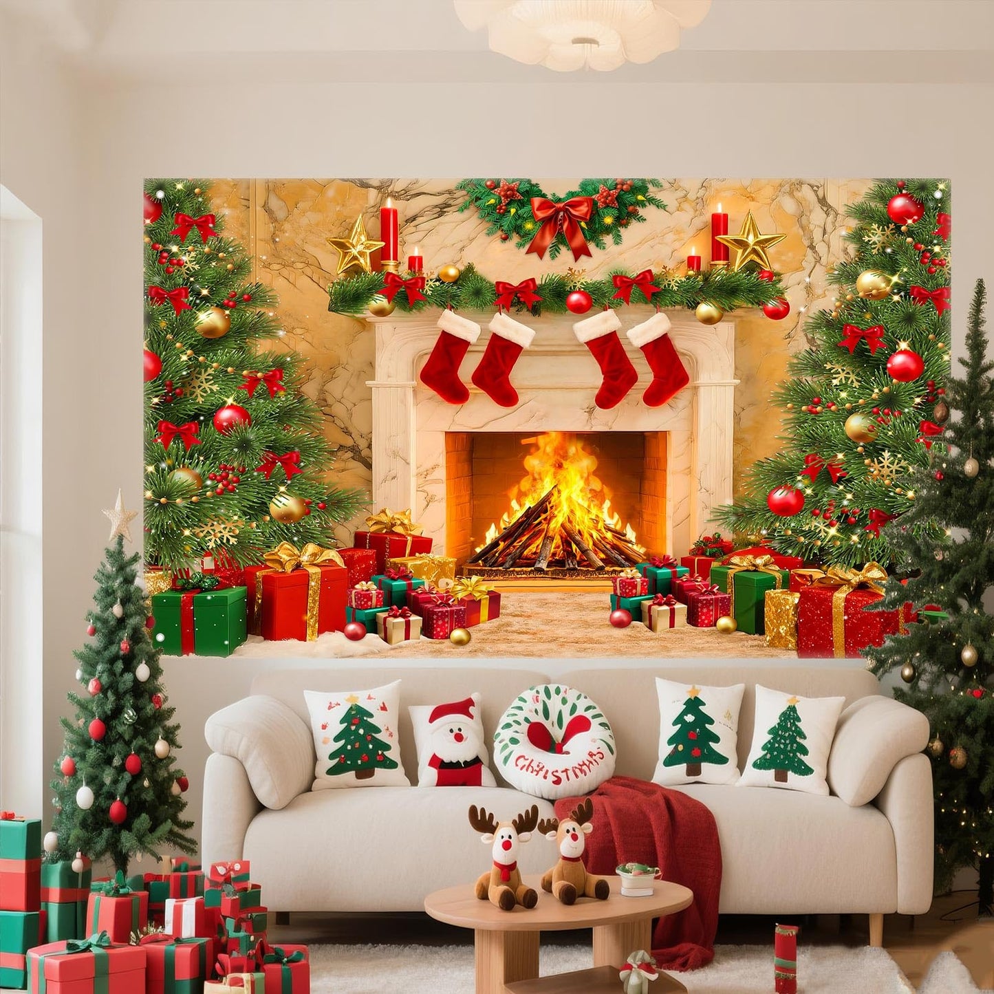 Christmas Backdrops for Photography, Fireplace Photo Backdrop for Wall Photoshoot, Xmas Background Holiday Party Tree Red Socks Gifts Decorations 7x5FT